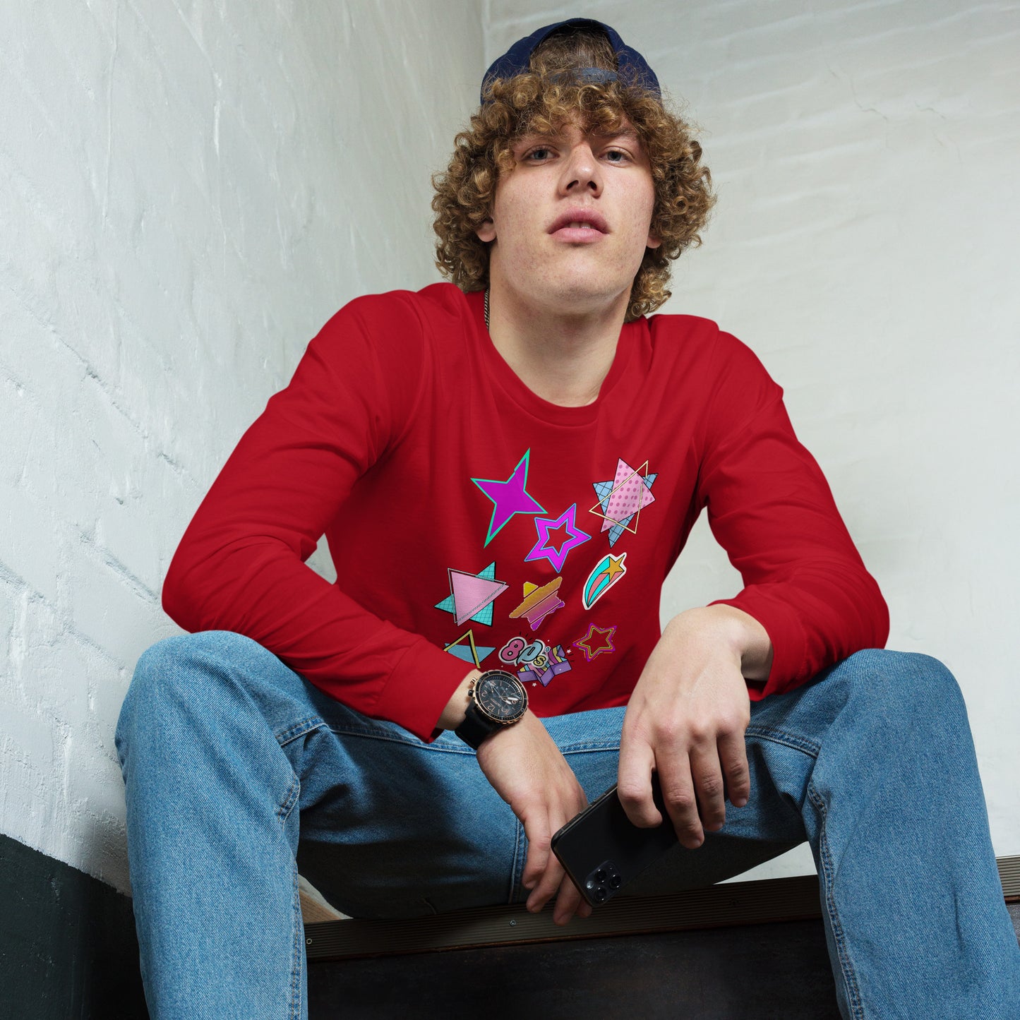 Unisex 80s graphic long sleeve t-shirt with Memphis design – retro pop art style by Hipyfi Clothes & Design. red-front-2