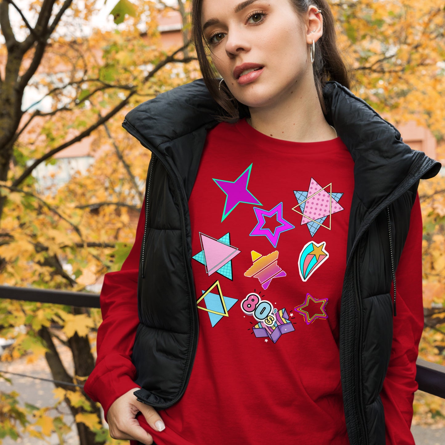 Unisex 80s graphic long sleeve t-shirt with Memphis design – retro pop art style by Hipyfi Clothes & Design. red-front-4