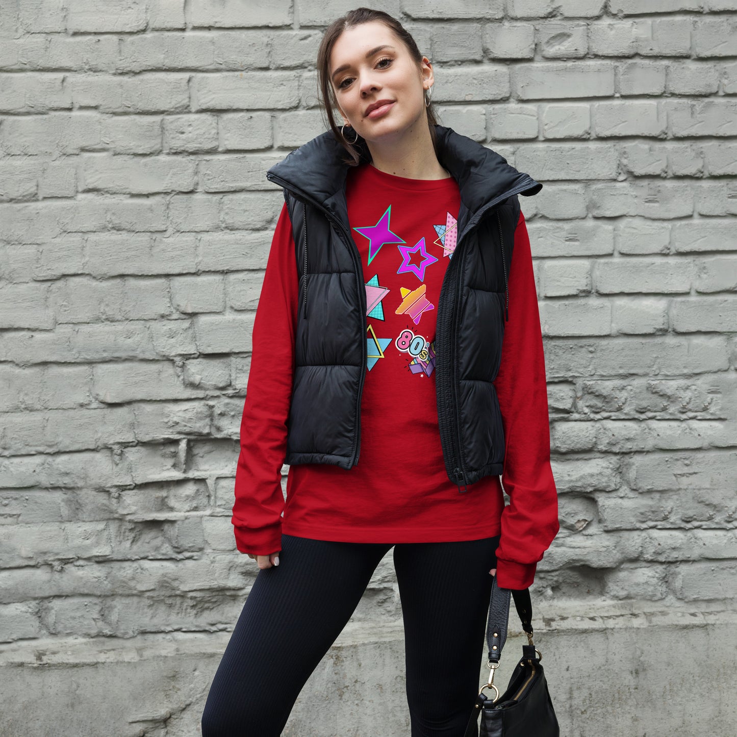 Unisex 80s graphic long sleeve t-shirt with Memphis design – retro pop art style by Hipyfi Clothes & Design. red-front-3