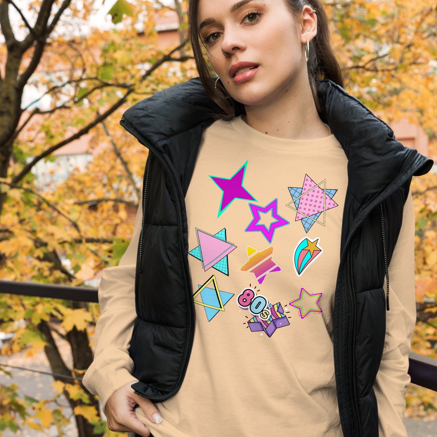 Unisex 80s graphic long sleeve t-shirt with Memphis design – retro pop art style by Hipyfi Clothes & Design. sand-dune-front-4