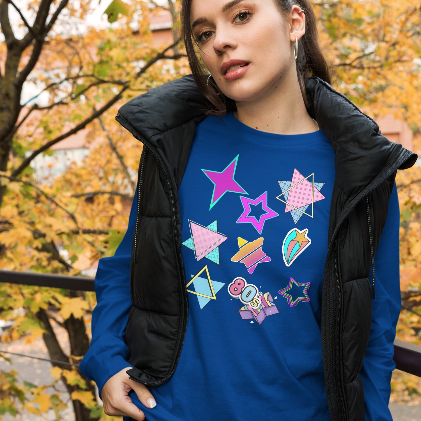 Unisex 80s graphic long sleeve t-shirt with Memphis design – retro pop art style by Hipyfi Clothes & Design. true-royal-front-4