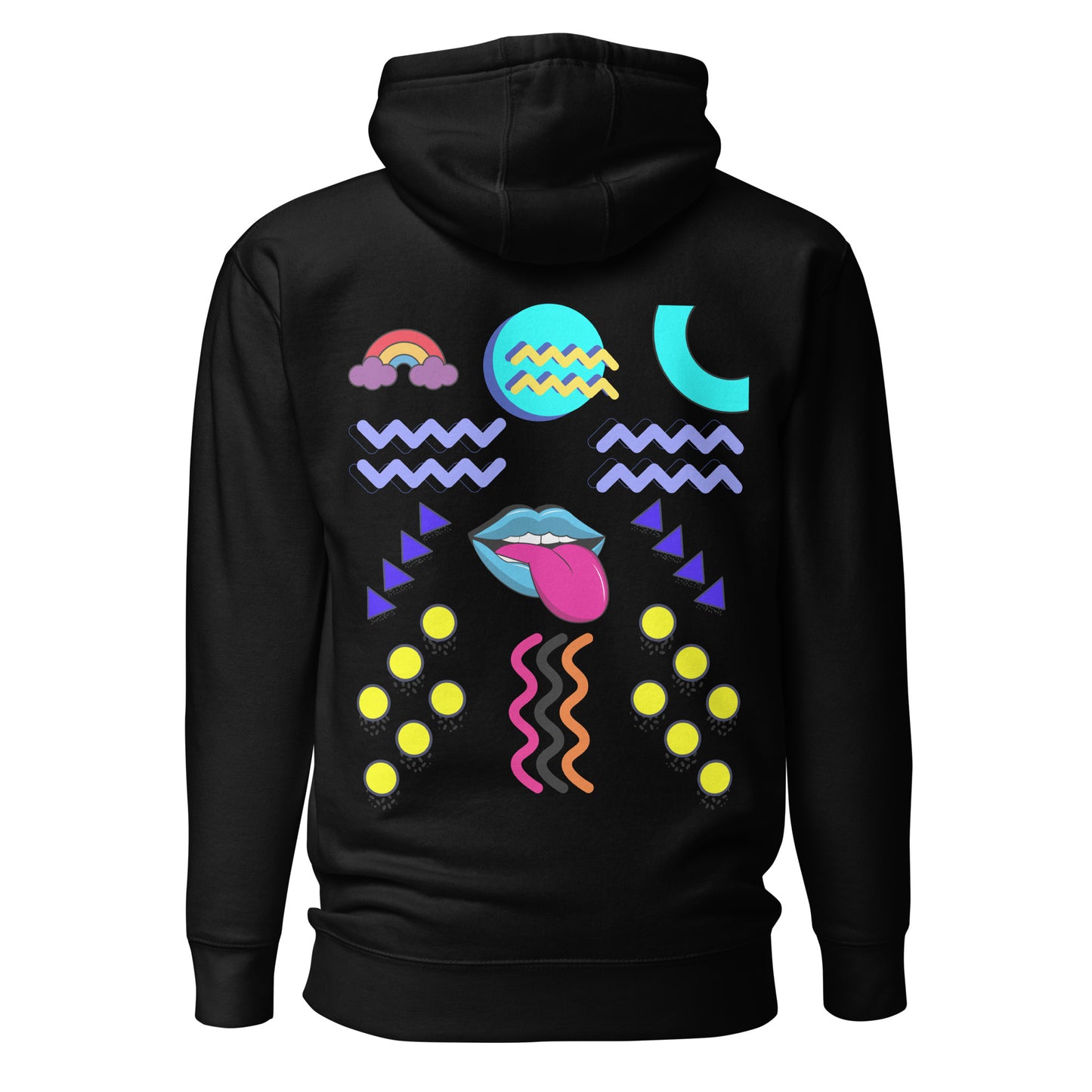 Unisex neon retro hoodie with Memphis abstract pop art design by Hipyfi Clothes & Design. black-back-2