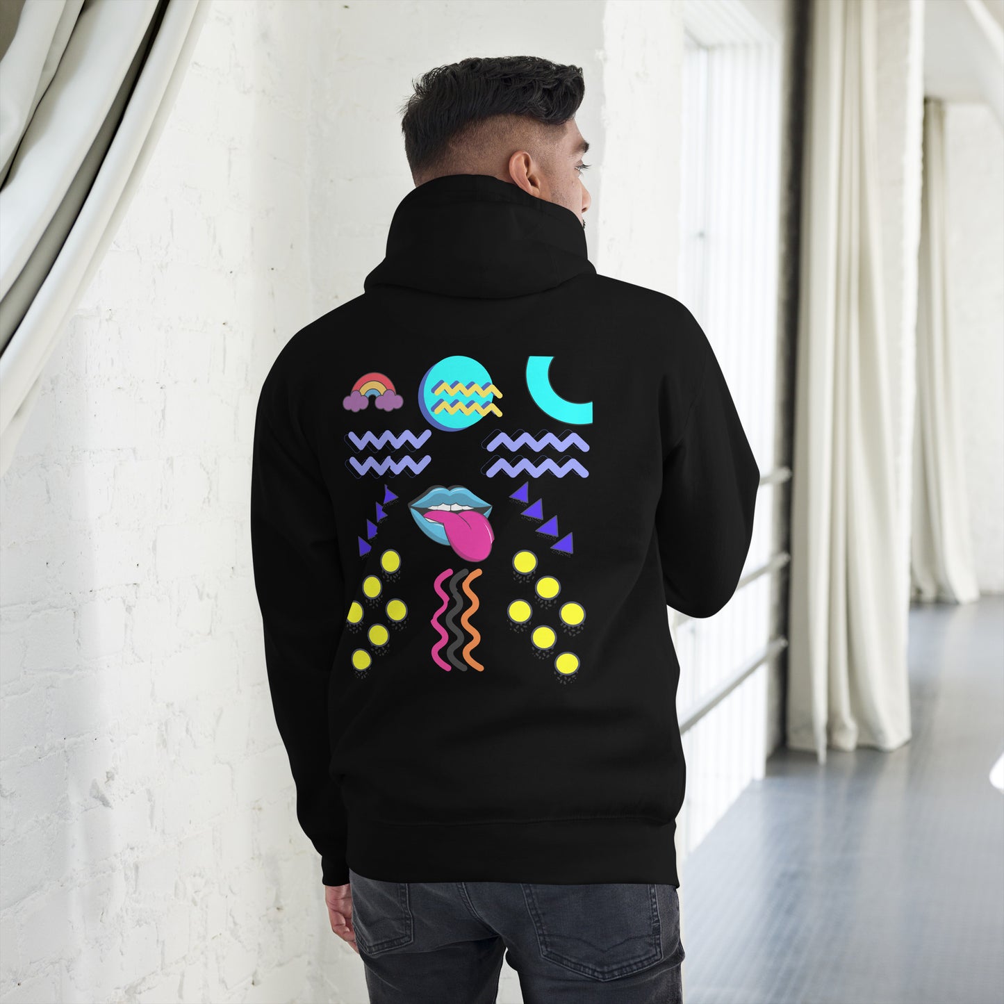Unisex neon retro hoodie with Memphis abstract pop art design by Hipyfi Clothes & Design. black-back