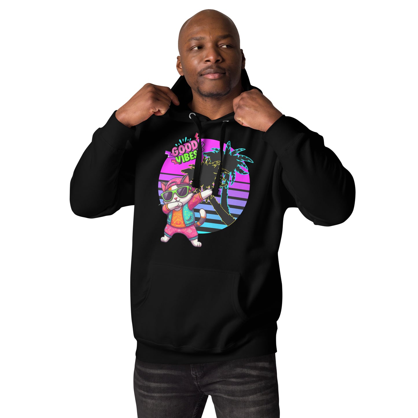 Unisex retro neon graphic hoodie with dabbing cat and Good Vibes text – Hipyfi streetwear. black-front
