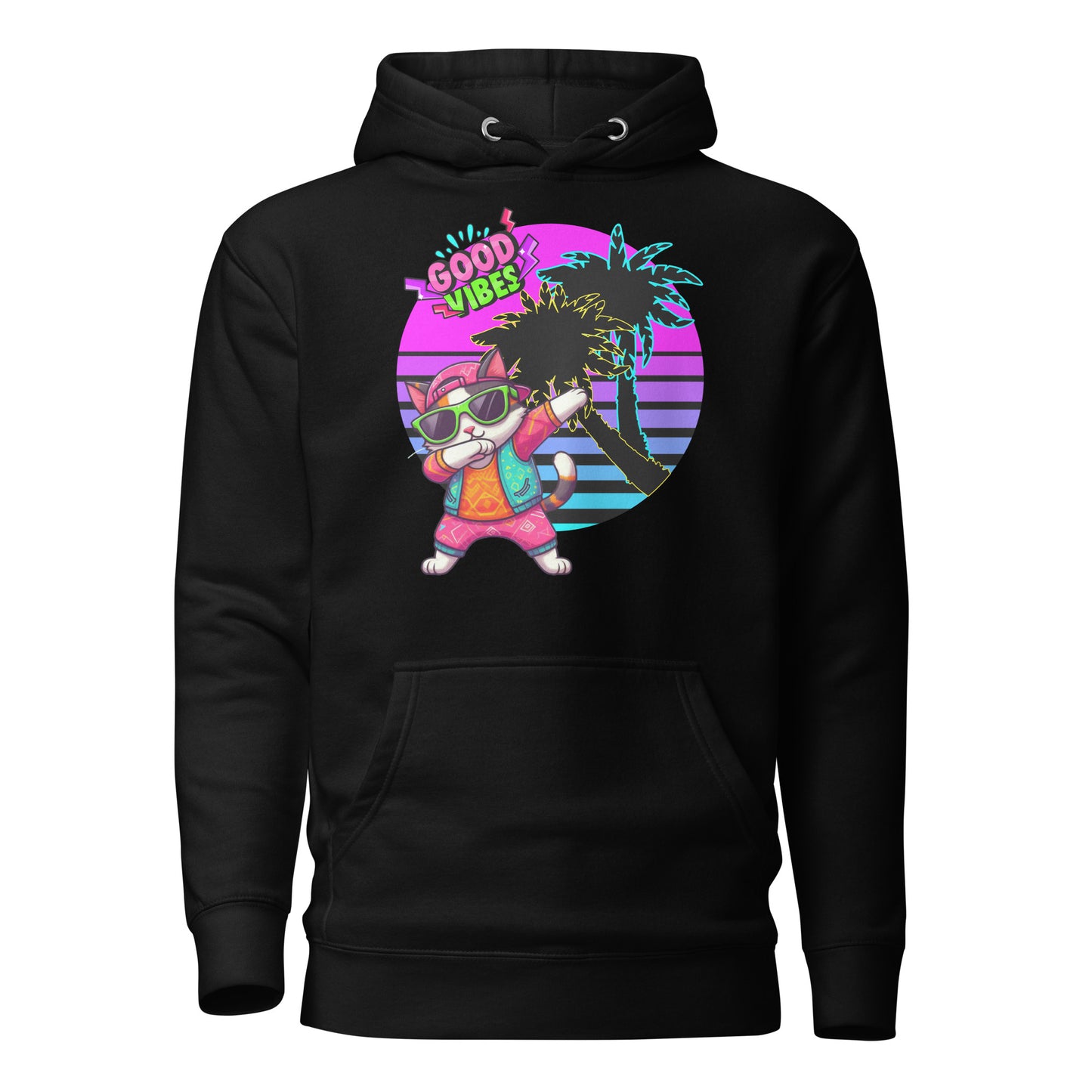 Unisex retro neon graphic hoodie with dabbing cat and Good Vibes text – Hipyfi streetwear. black-front-2