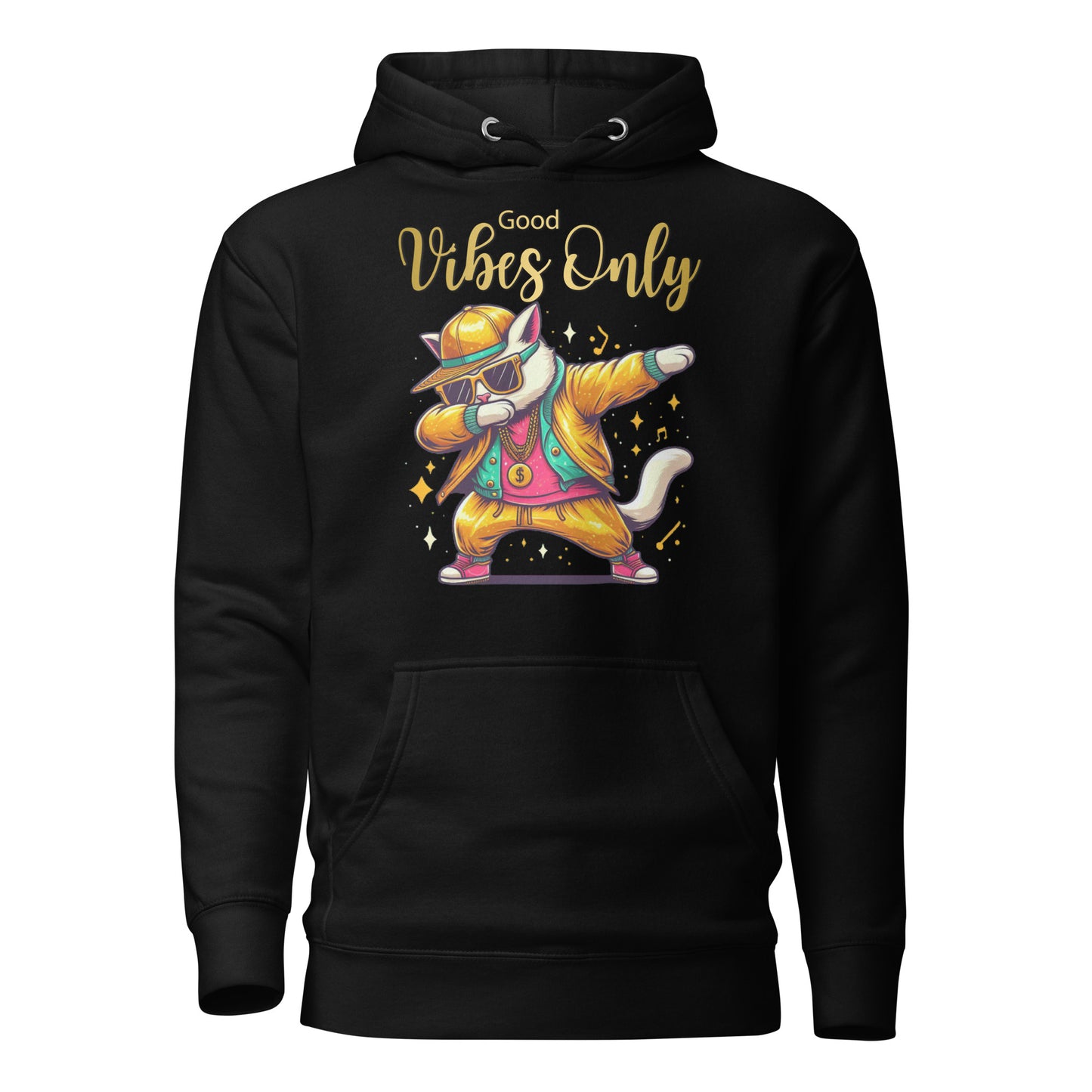 Unisex Good Vibes Cat Hoodie featuring a dabbing cat in hip-hop streetwear – premium graphic hoodie by Hipyfi Clothes & Design. black-front-2