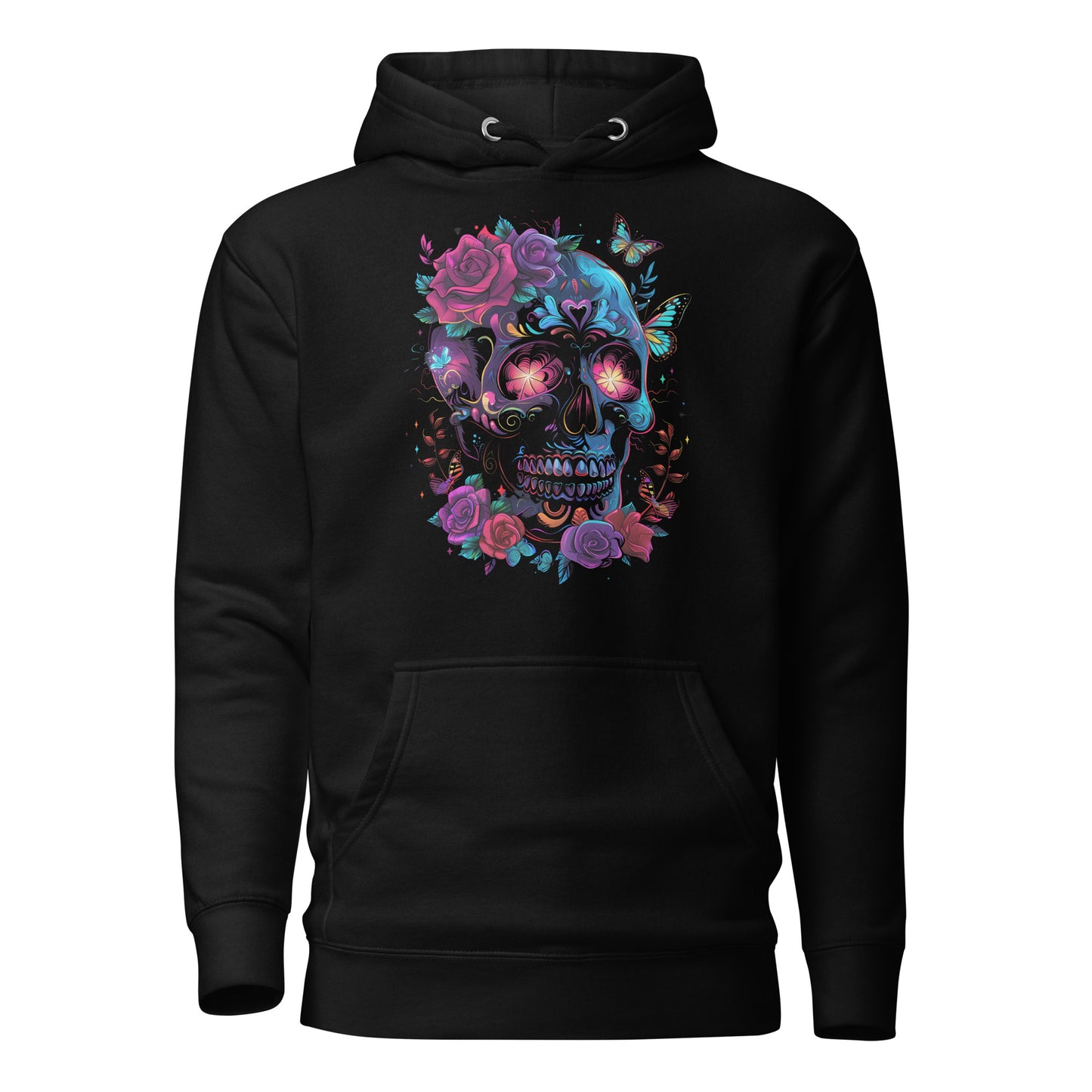 Unisex Skull & Roses Hoodie with Colorful Floral and Butterfly Graphic – Día de los Muertos Streetwear by Hipyfi Clothes & Design. black-front-2