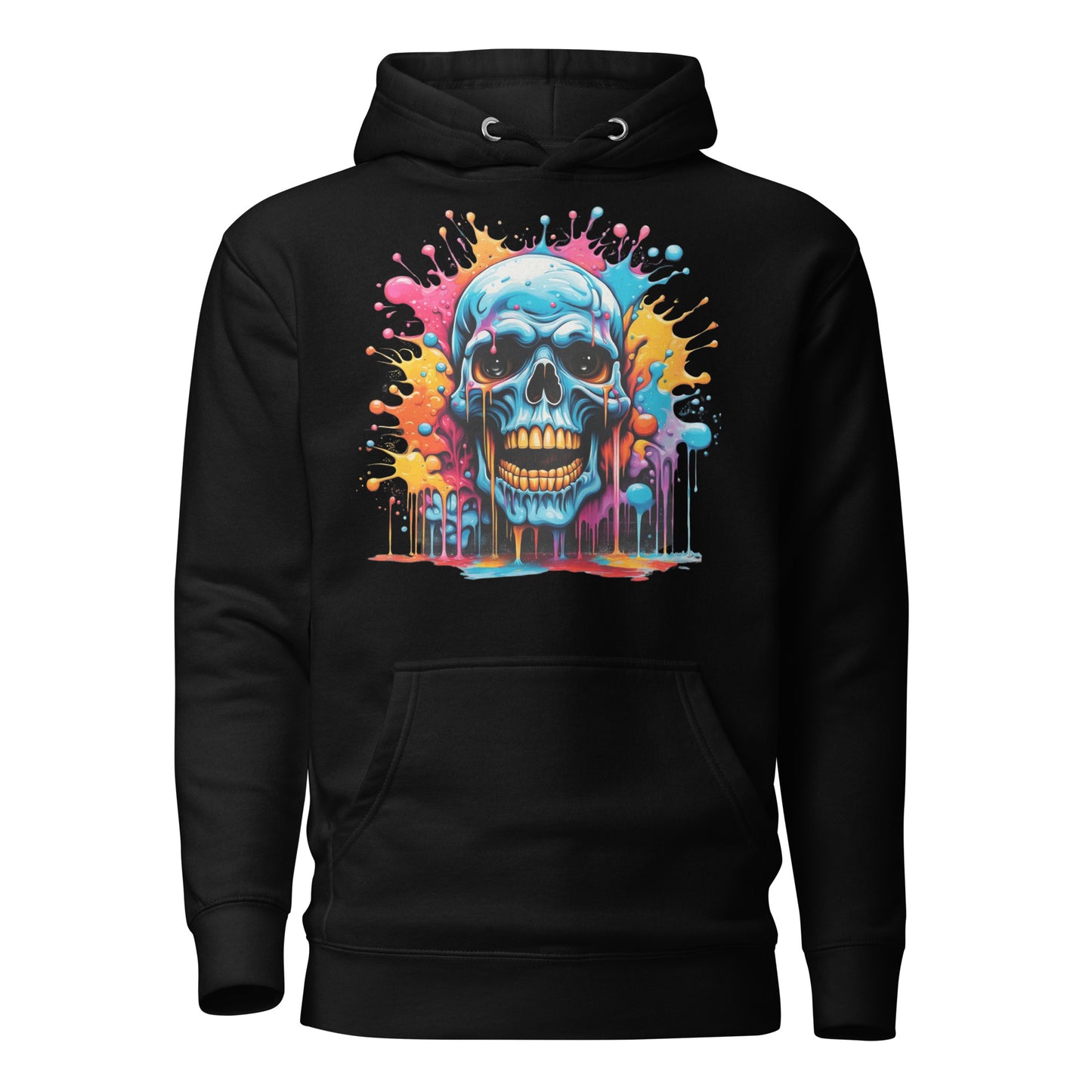 Blue Skull Splash Unisex Streetwear Hoodie by Hipyfi – Digital Art and Graffiti Style. black-front-2