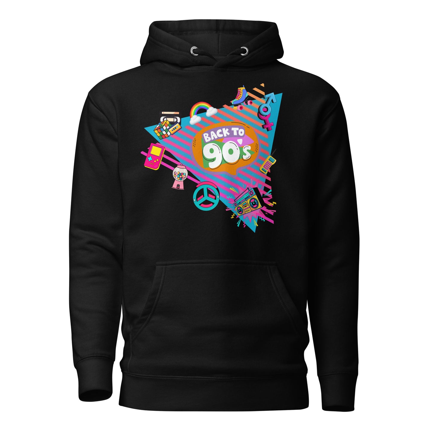Back to 90s retro unisex graphic hoodie with colorful vintage design – Hipyfi Clothes & Design. black-front-2
