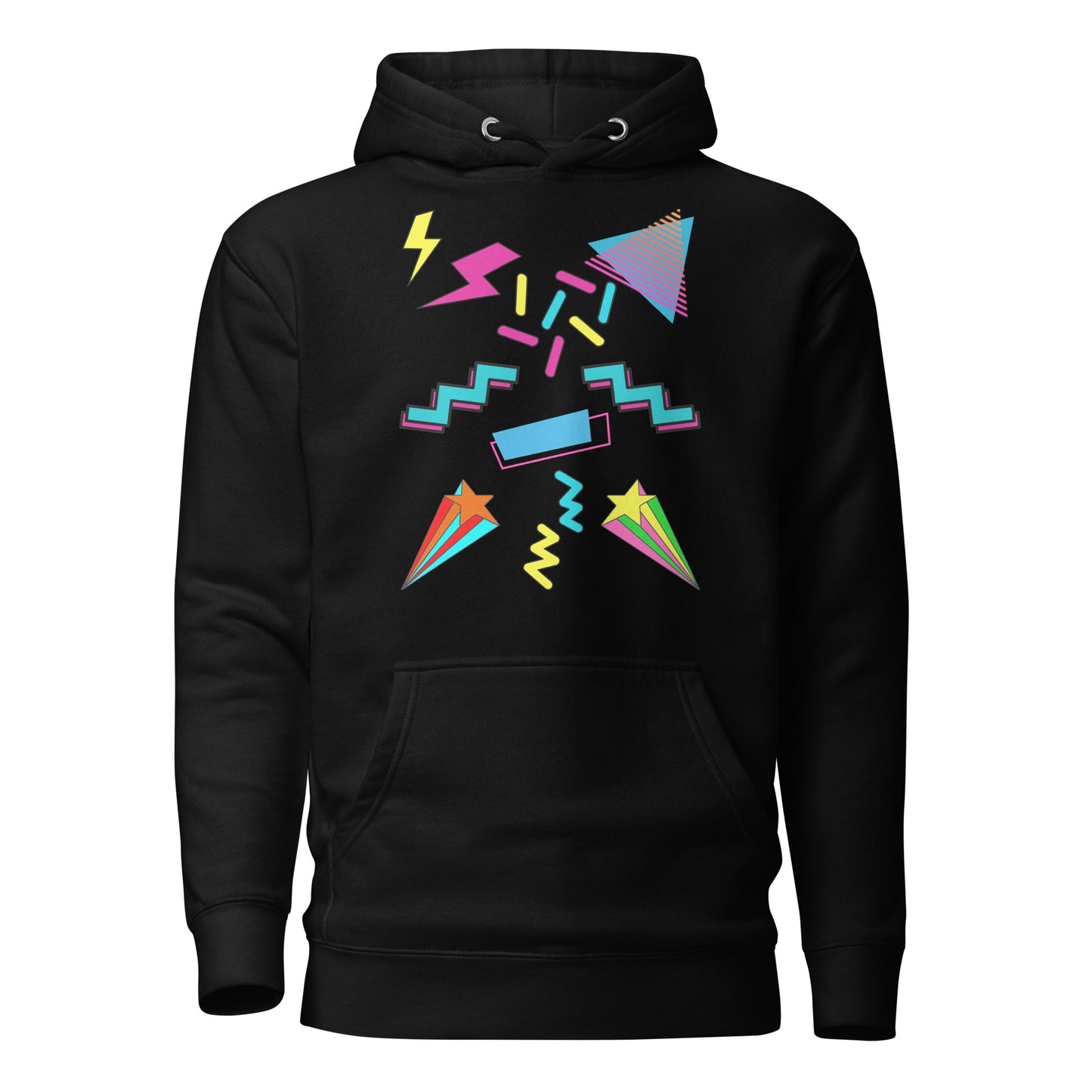 Unisex neon retro hoodie with Memphis abstract pop art design by Hipyfi Clothes & Design. black-front-2