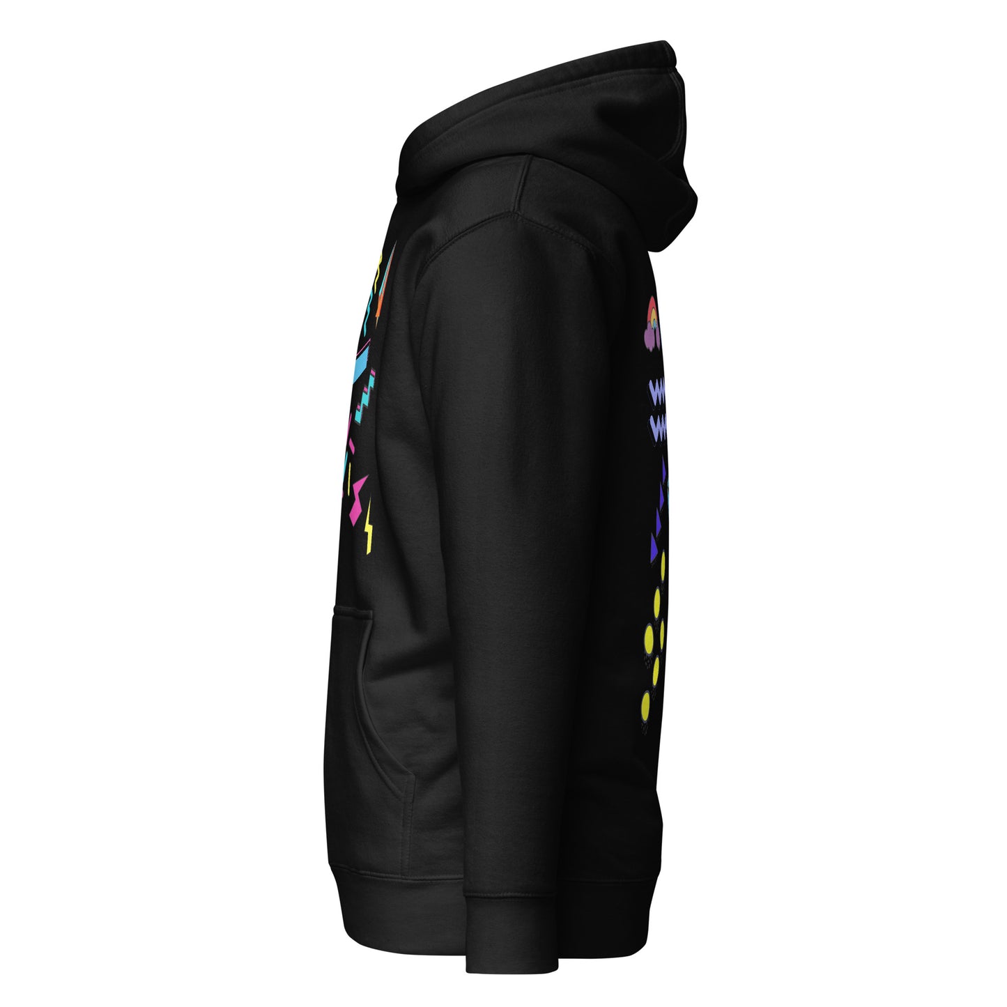 Unisex neon retro hoodie with Memphis abstract pop art design by Hipyfi Clothes & Design. black-left