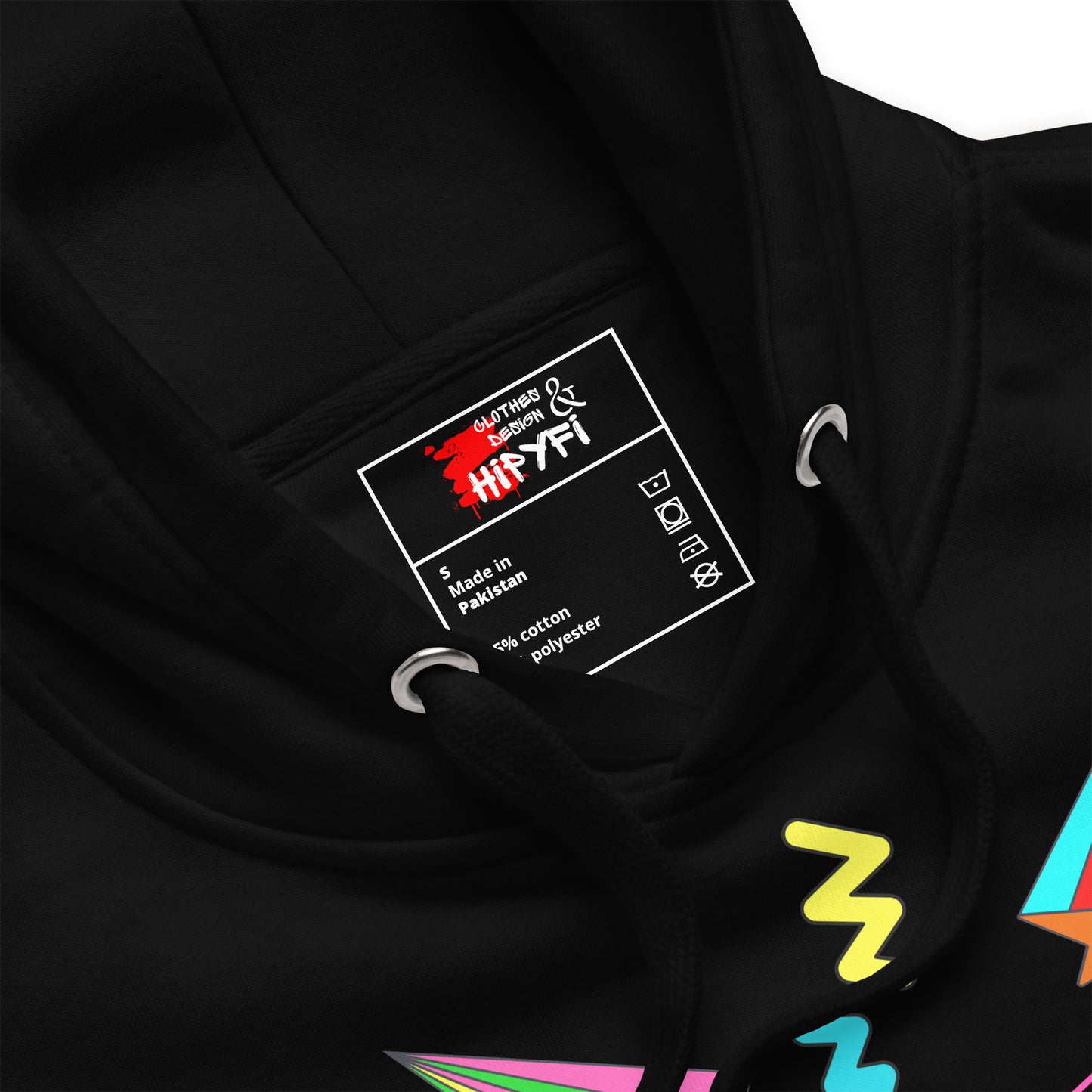 Unisex neon retro hoodie with Memphis abstract pop art design by Hipyfi Clothes & Design. black-product-details