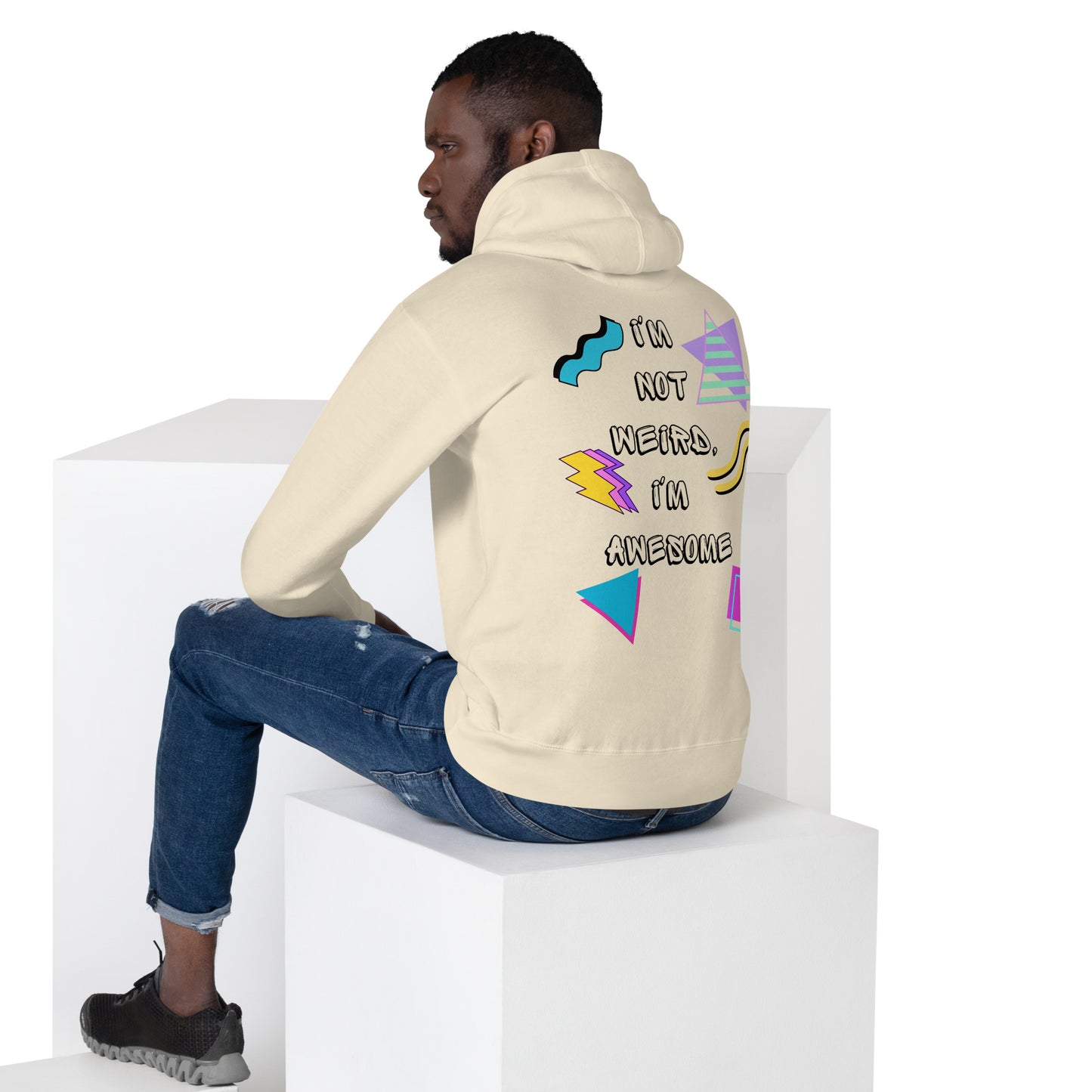 Unisex retro graphic hoodie with 80s abstract design and 'I'm not weird I'm awesome' slogan – Hipyfi Clothes & Design. bone-back