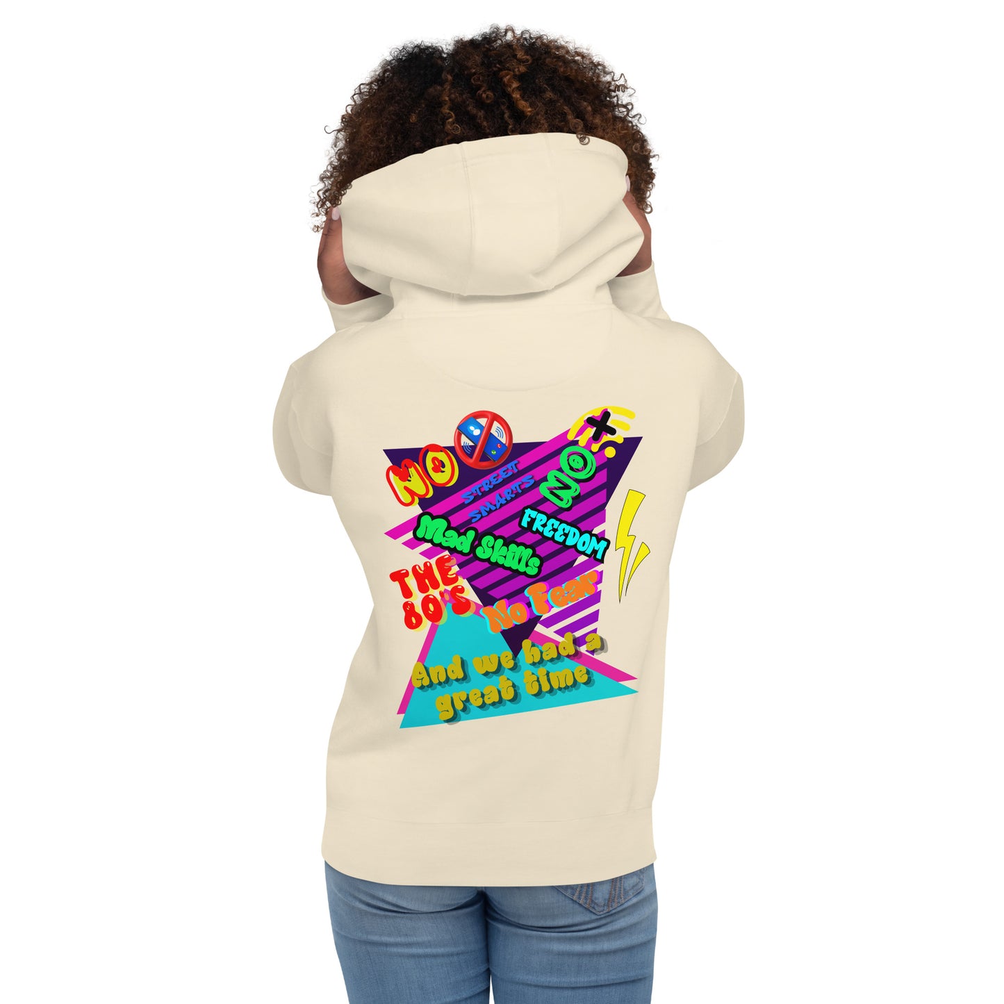 Unisex retro 80s graffiti hoodie with neon colors and streetwear design by Hipyfi Clothes & Design bone-back