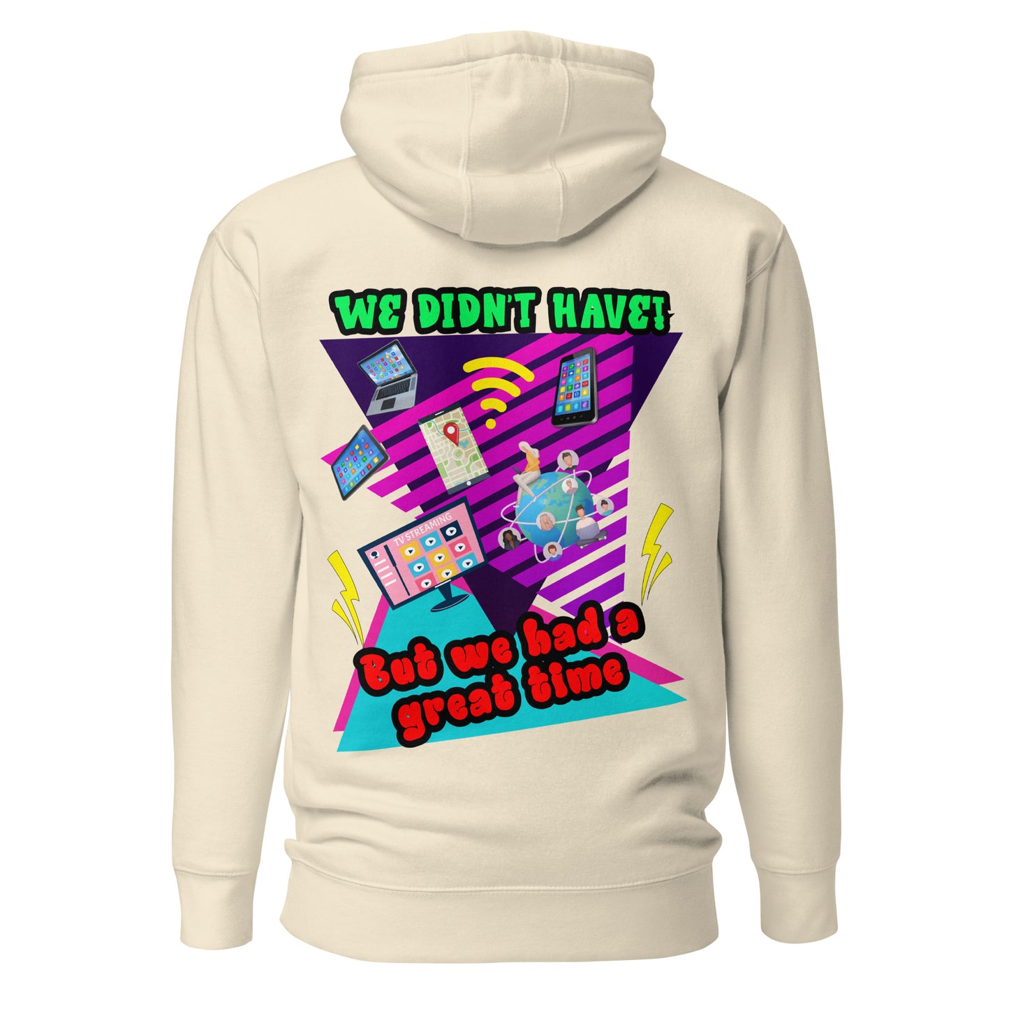 Unisex 80s retro hoodie with bold neon graphic and “Don’t Blame Me, The 80s Made Me” text – Hipyfi streetwear style. bone-back-2