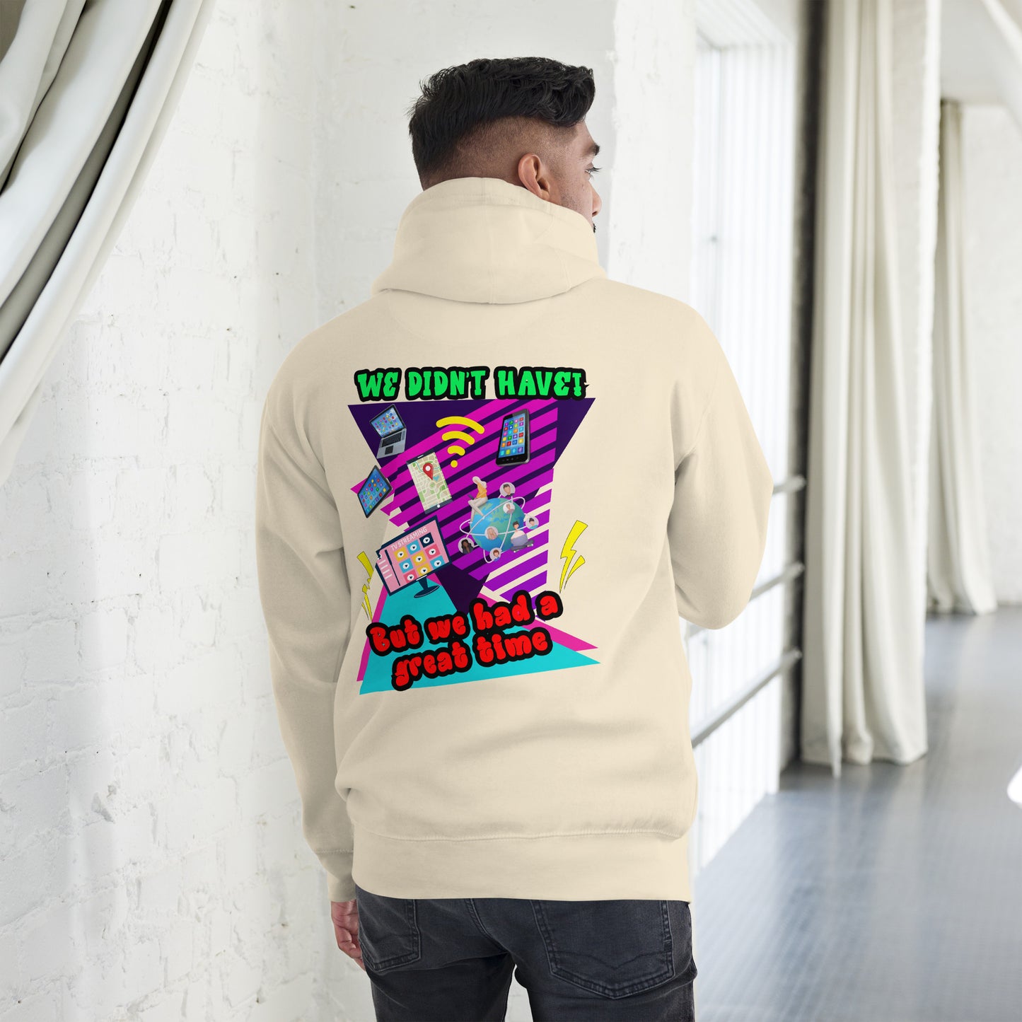 Unisex 80s retro hoodie with bold neon graphic and “Don’t Blame Me, The 80s Made Me” text – Hipyfi streetwear style. bone-back