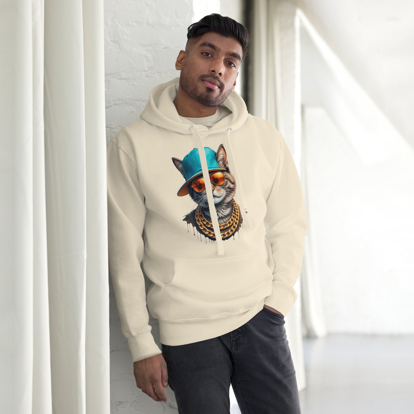 Unisex streetwear hoodie with urban cat graphic, teal cap, gold chains, and graffiti-style design – Hipyfi Clothes & Design. bone-front