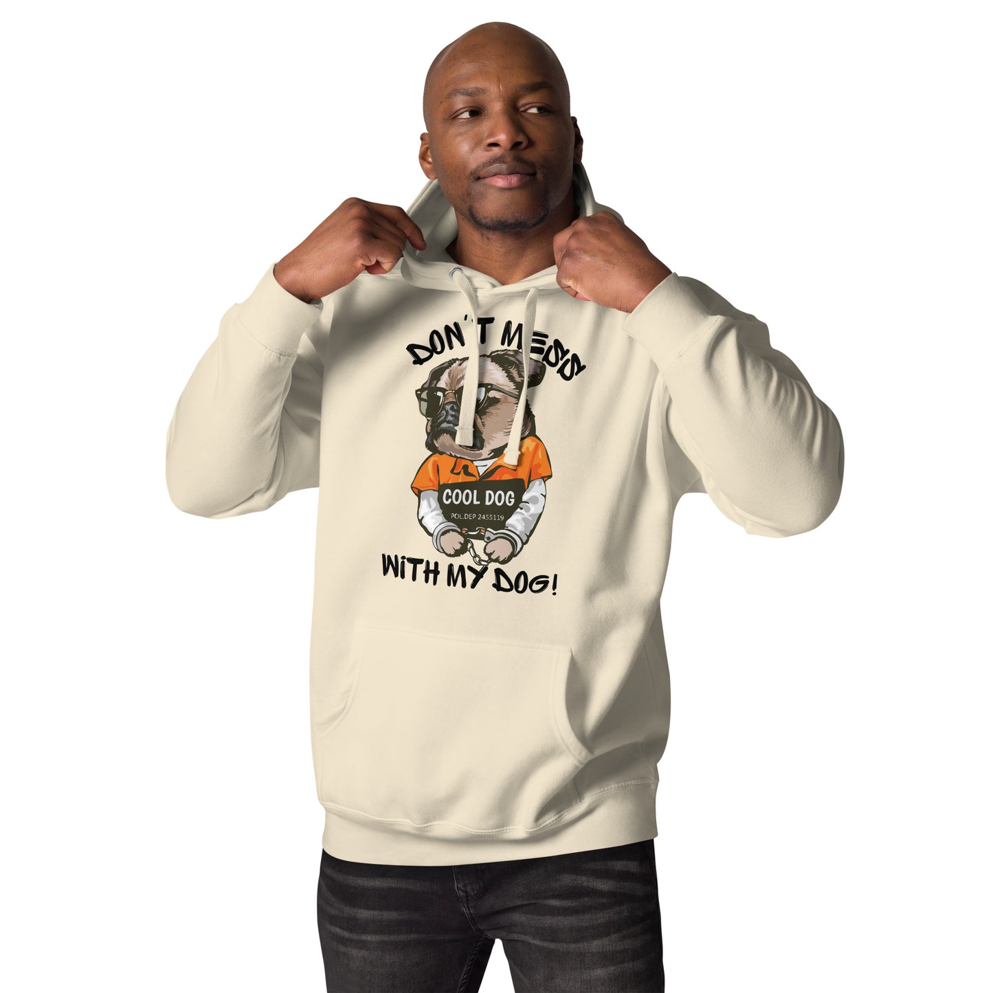 Funny pug mugshot graphic on unisex streetwear hoodie – Cool Dog design by Hipyfi Clothes & Design. bone-front