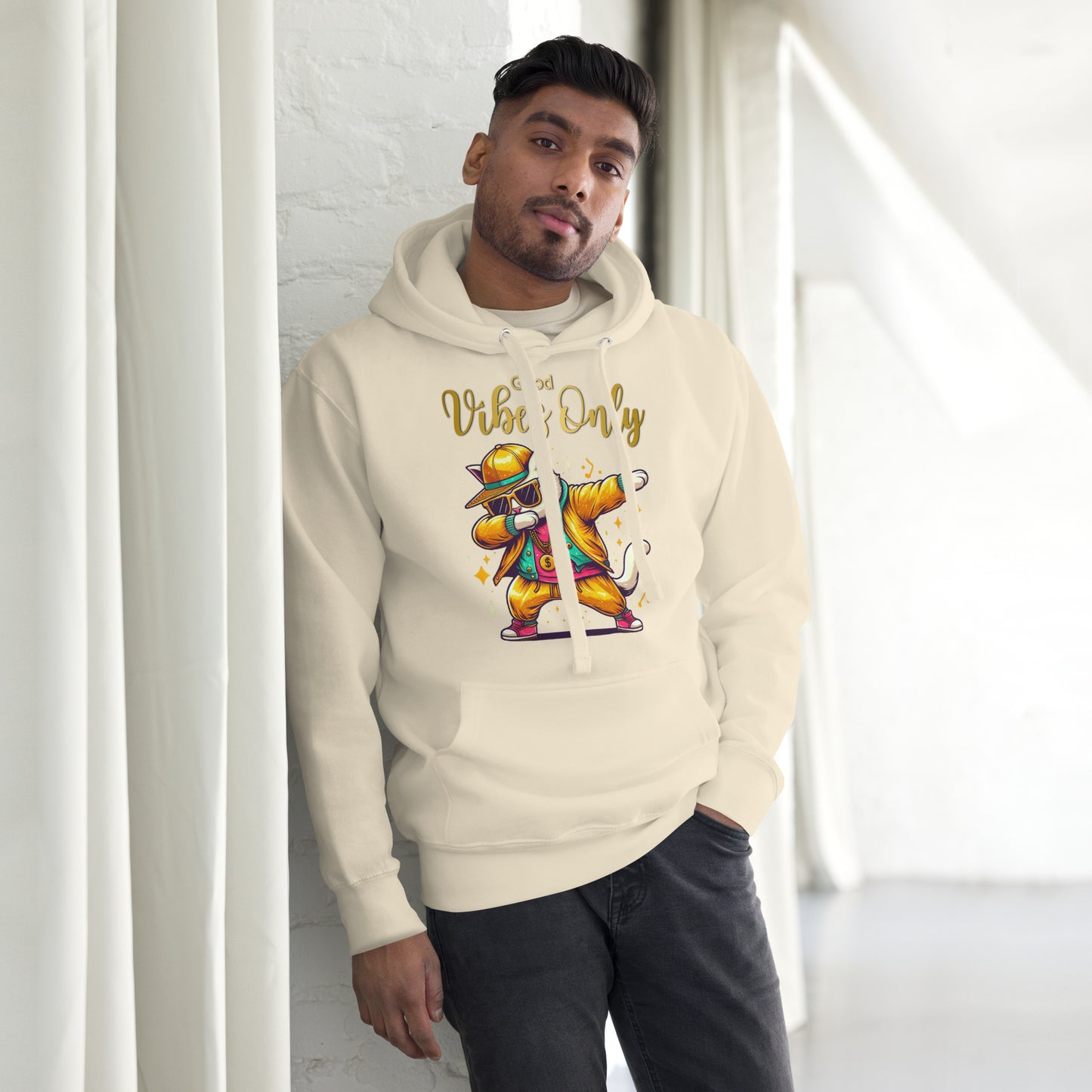 Unisex Good Vibes Cat Hoodie featuring a dabbing cat in hip-hop streetwear – premium graphic hoodie by Hipyfi Clothes & Design. bone-front