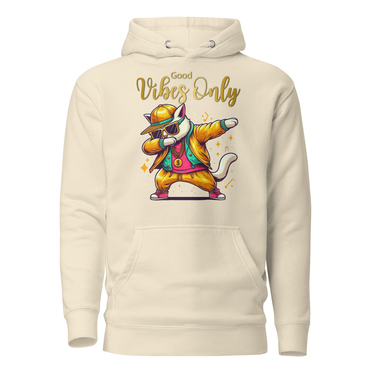 Unisex Good Vibes Cat Hoodie featuring a dabbing cat in hip-hop streetwear – premium graphic hoodie by Hipyfi Clothes & Design. bone-front-2