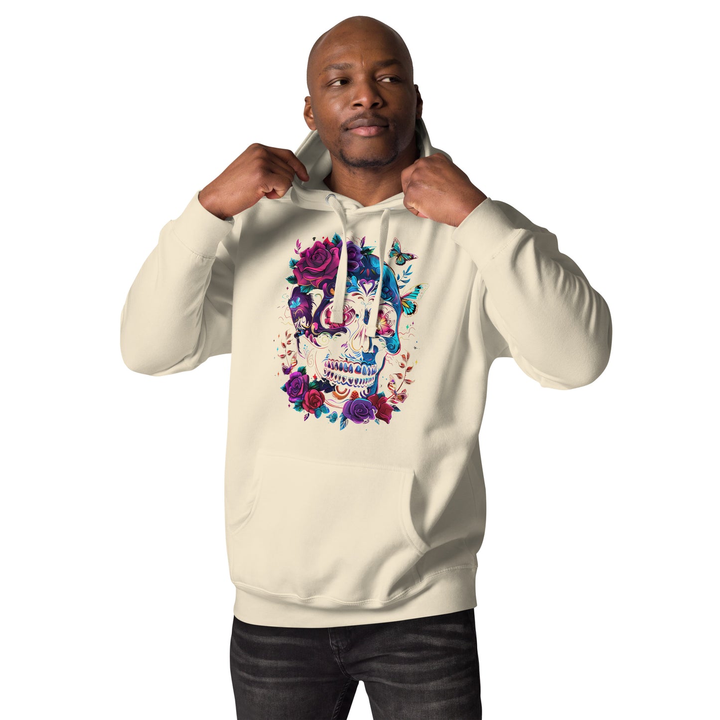 Unisex Skull & Roses Hoodie with Colorful Floral and Butterfly Graphic – Día de los Muertos Streetwear by Hipyfi Clothes & Design. bone-front