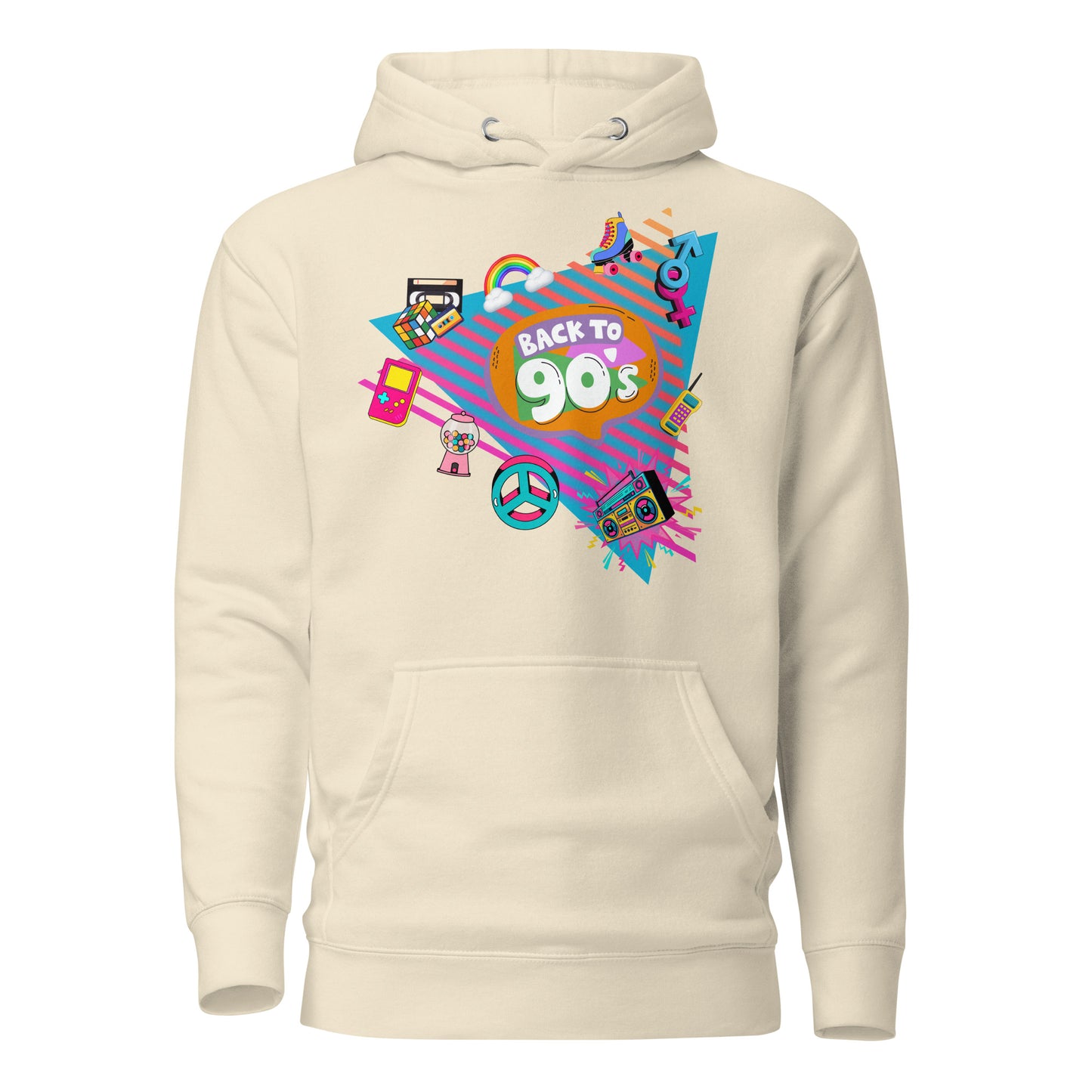 Back to 90s retro unisex graphic hoodie with colorful vintage design – Hipyfi Clothes & Design. bone-front-2