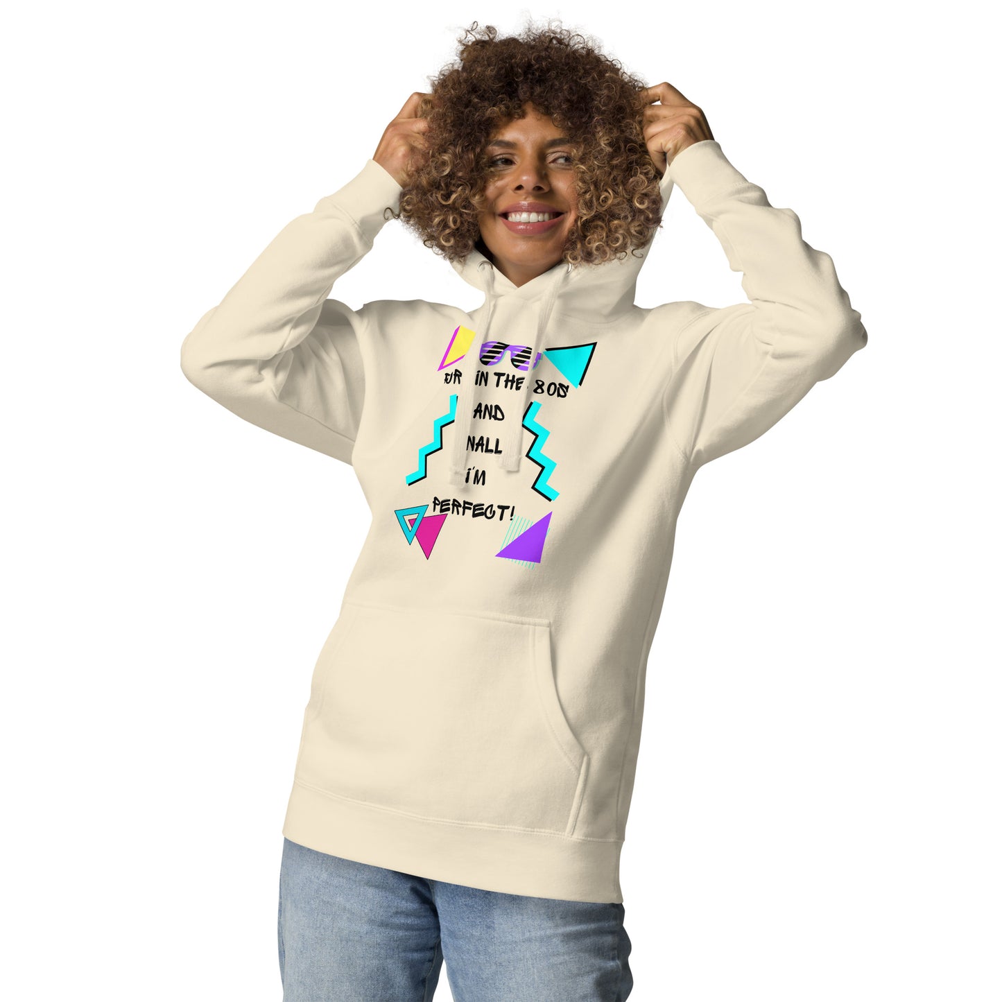Hipyfi Premium 80s Neon Graphic Hoodie – Unisex Retro Pop Culture Design, Vibrant 80s-inspired geometric graphics. bone-front