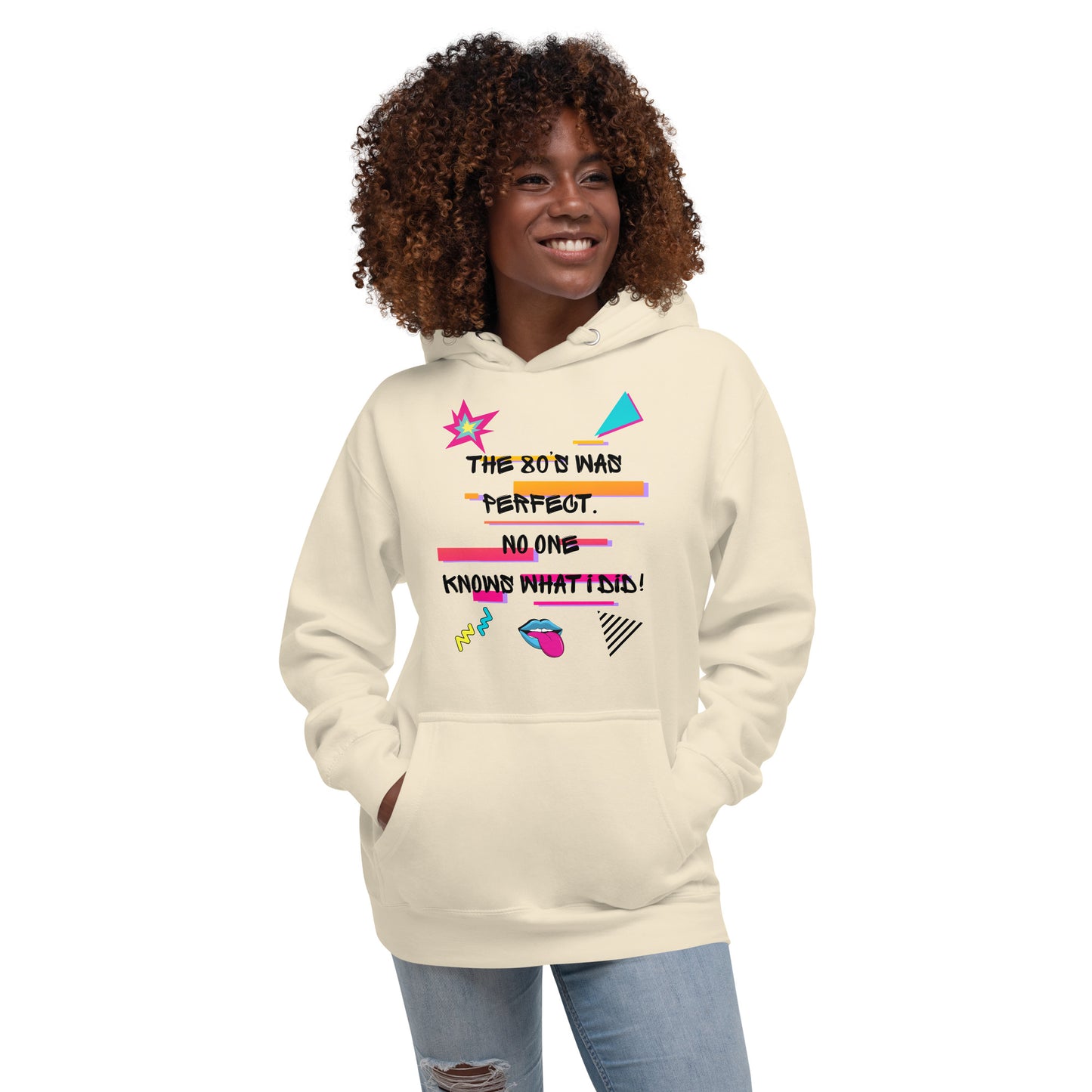 Unisex retro 80s graffiti hoodie with neon colors and streetwear design by Hipyfi Clothes & Design bone-front