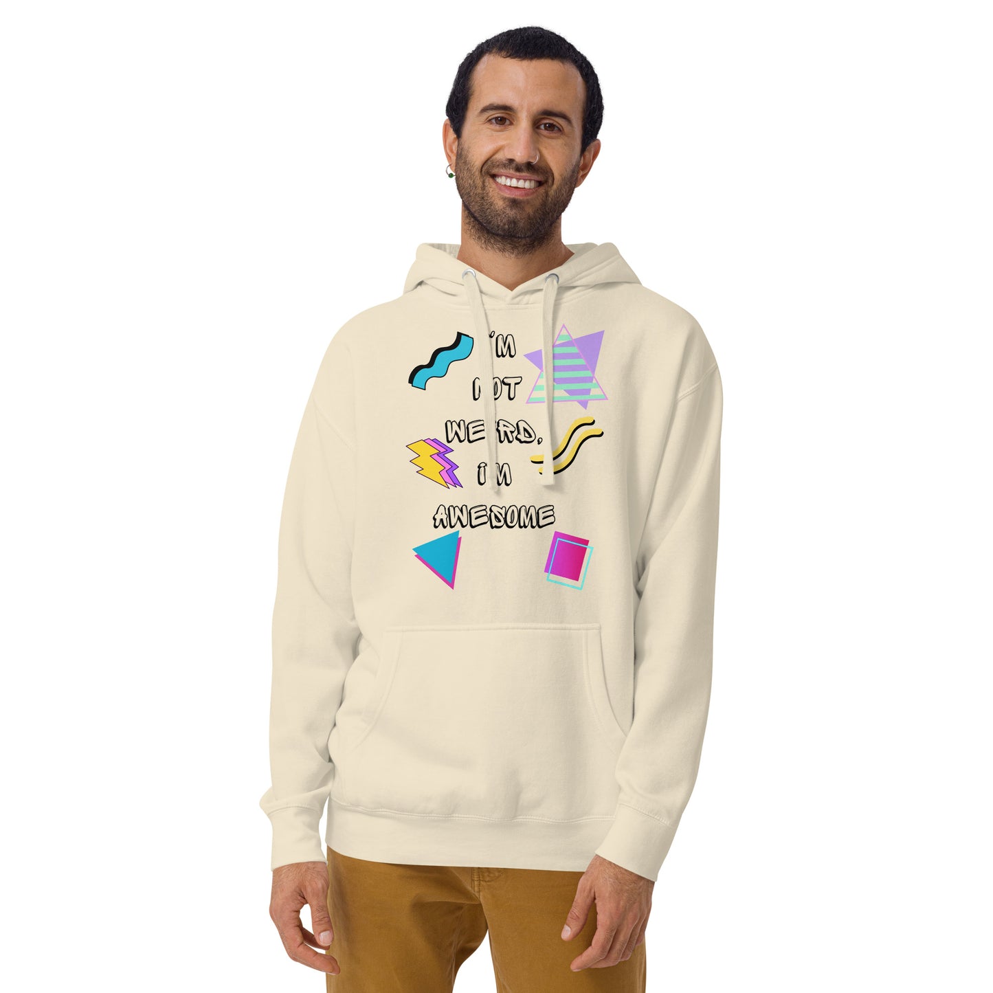 Unisex 80s Retro Hoodie with bold graphic design and 'I'm Not Weird, I'm Awesome' quote – Hipyfi Clothes & Design. bone-front