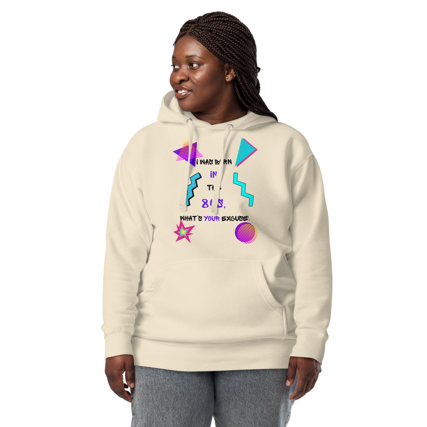 Unisex retro hoodie with bold 80s and 90s neon graphic design – Hipyfi streetwear. bone-front