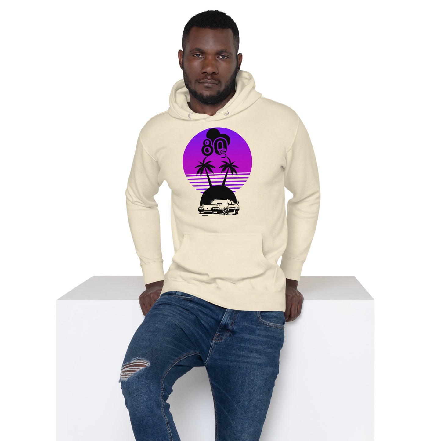 Vaporwave Sunset Unisex Hoodie with retro 80s synthwave design by Hipyfi Clothes & Design. bone-front