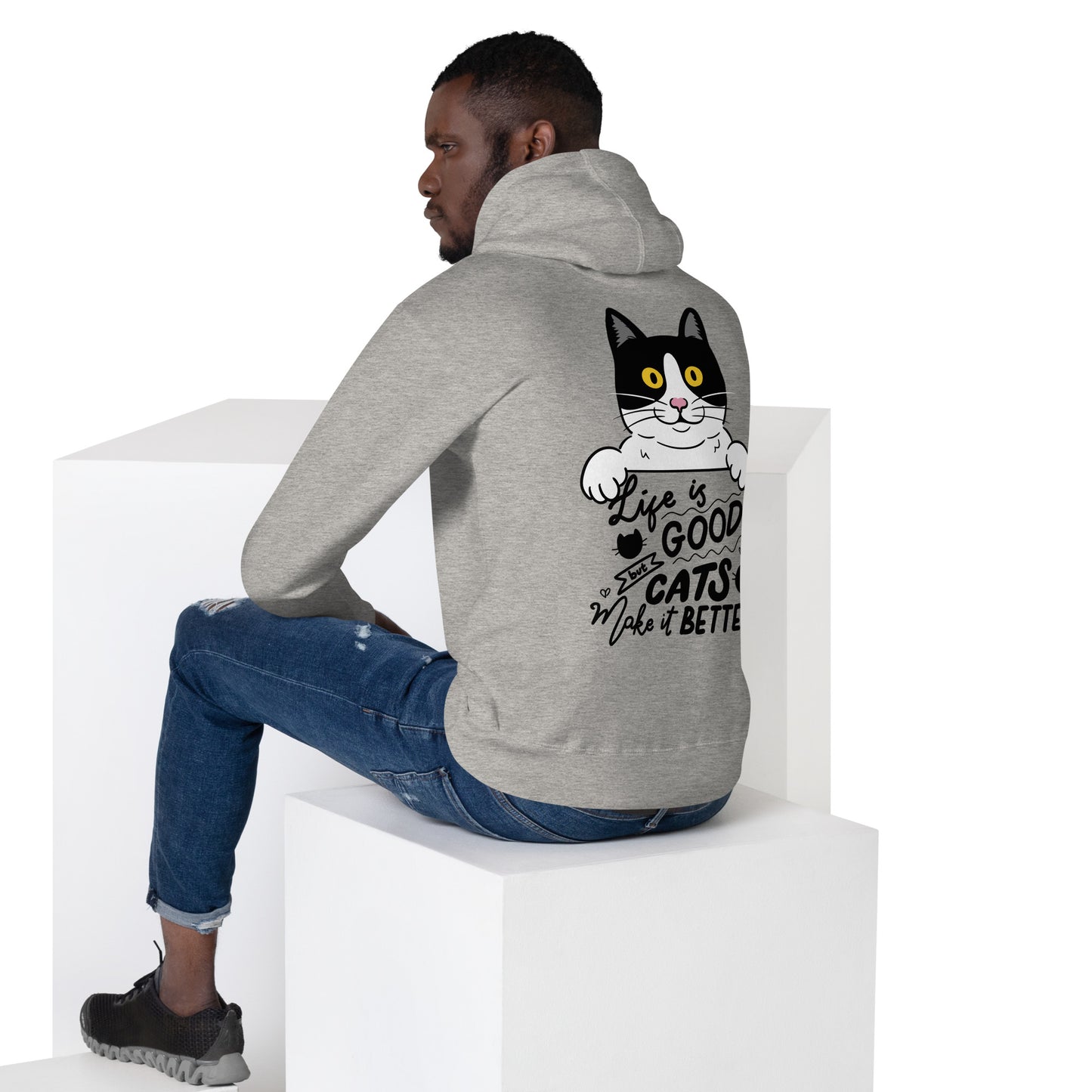 Unisex premium cat hoodie with cartoon black-and-white cat and “Life is Better With Cats” quote – Hipyfi Clothes & Design. carbon-grey-back