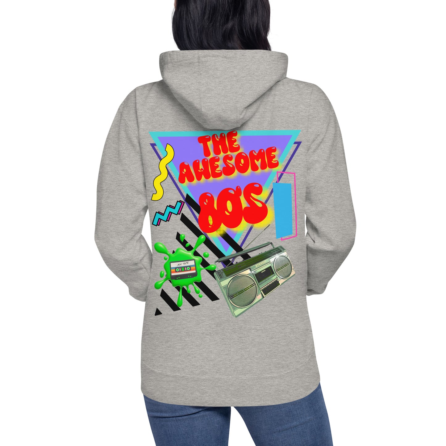 Hipyfi Premium 80s Neon Graphic Hoodie – Unisex Retro Pop Culture Design, Vibrant 80s-inspired geometric graphics. carbon-grey-back