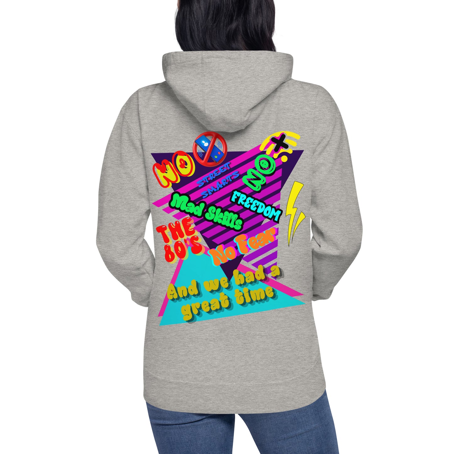 Unisex retro 80s graffiti hoodie with neon colors and streetwear design by Hipyfi Clothes & Design carbon-grey-back