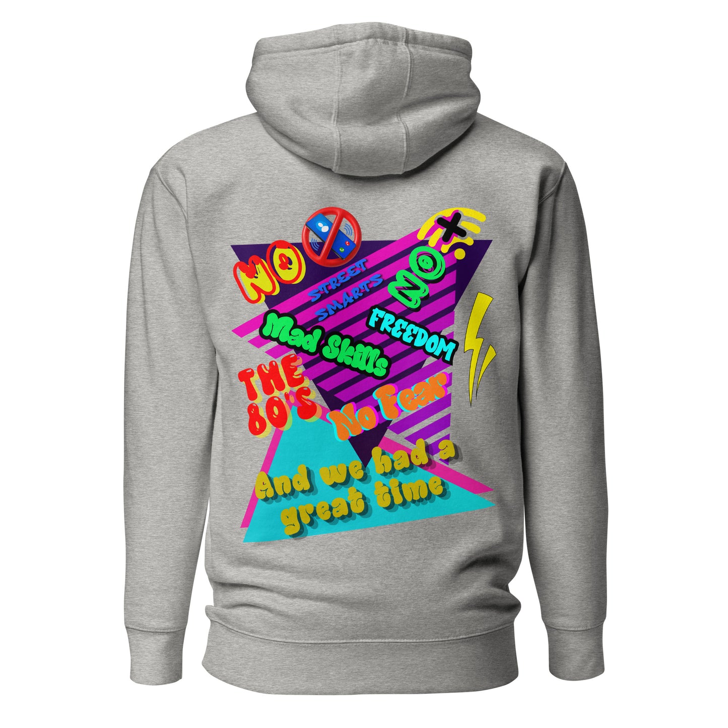 Unisex retro 80s graffiti hoodie with neon colors and streetwear design by Hipyfi Clothes & Design carbon-grey-back-2