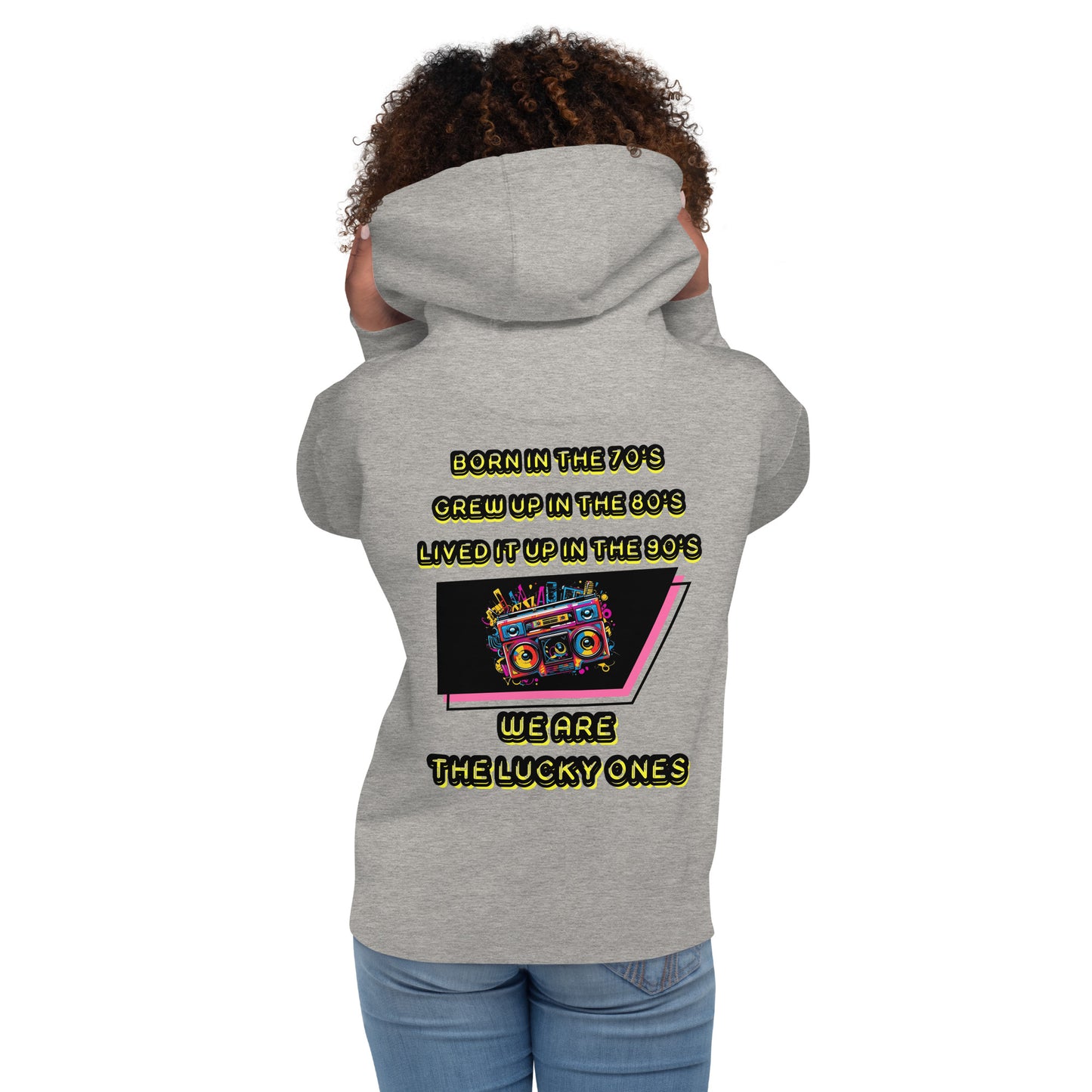Retro graphic unisex hoodie with 70s 80s 90s boombox design by Hipyfi – vintage streetwear style. carbon-grey-back