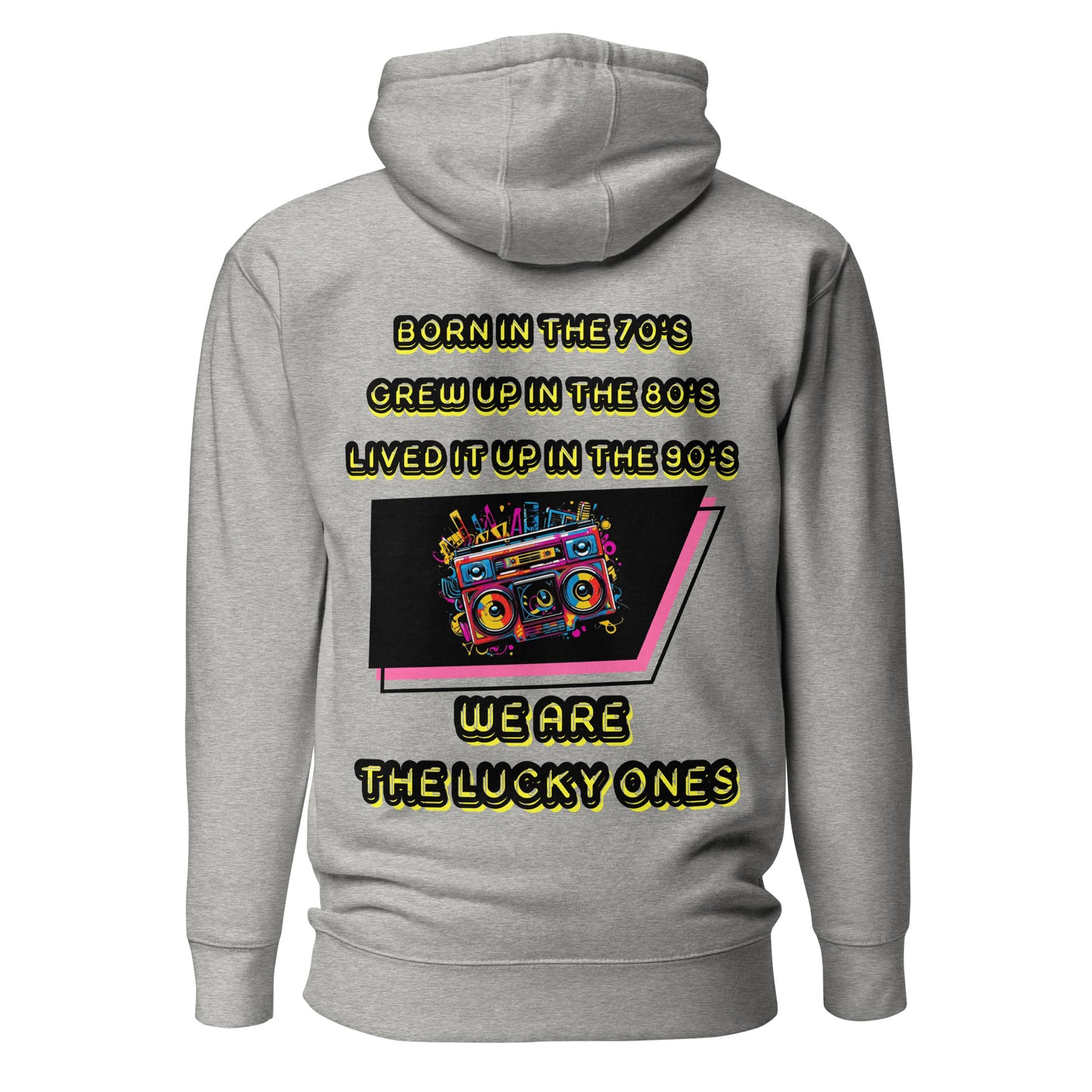 Retro graphic unisex hoodie with 70s 80s 90s boombox design by Hipyfi – vintage streetwear style. carbon-grey-back-2