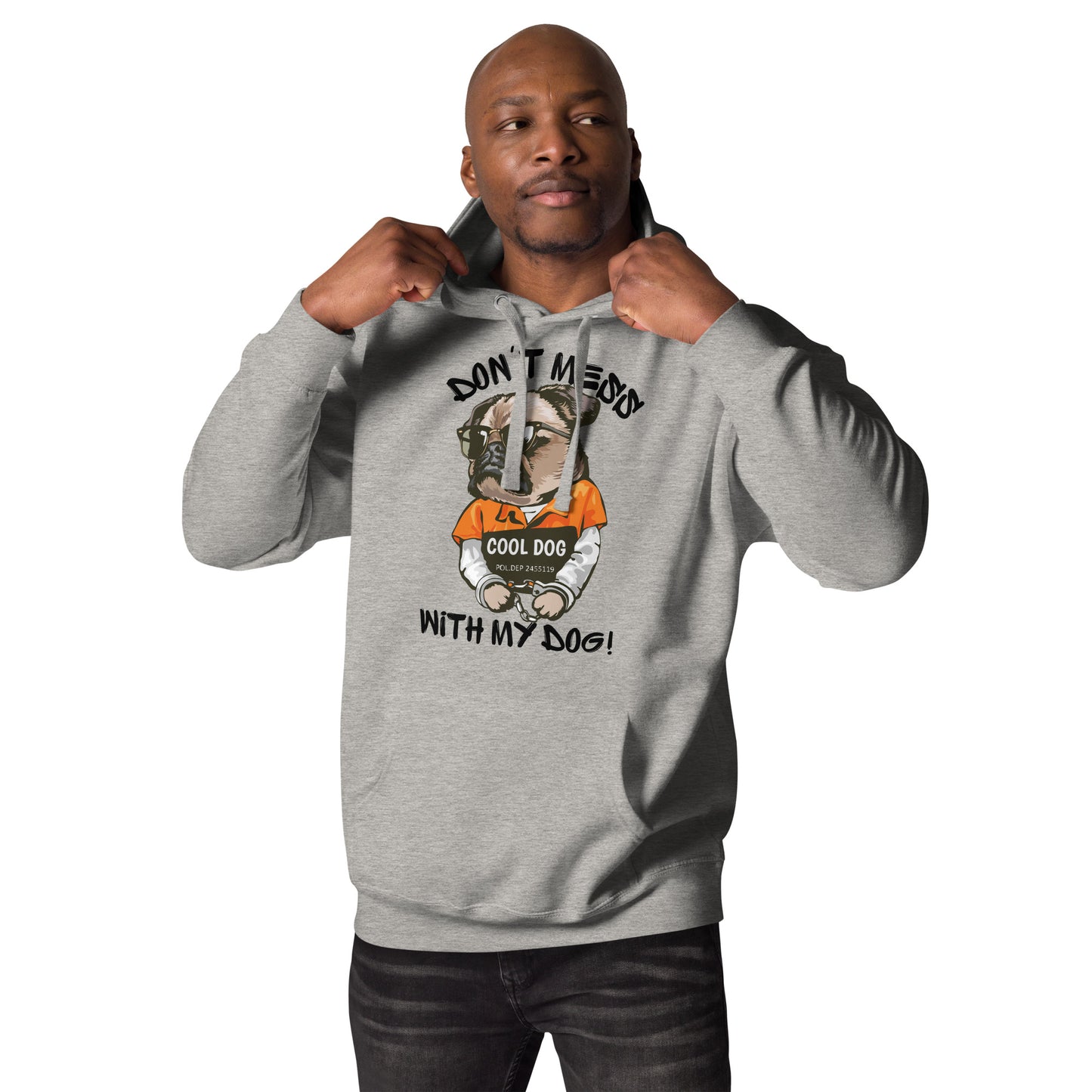 Funny pug mugshot graphic on unisex streetwear hoodie – Cool Dog design by Hipyfi Clothes & Design. carbon-grey-front
