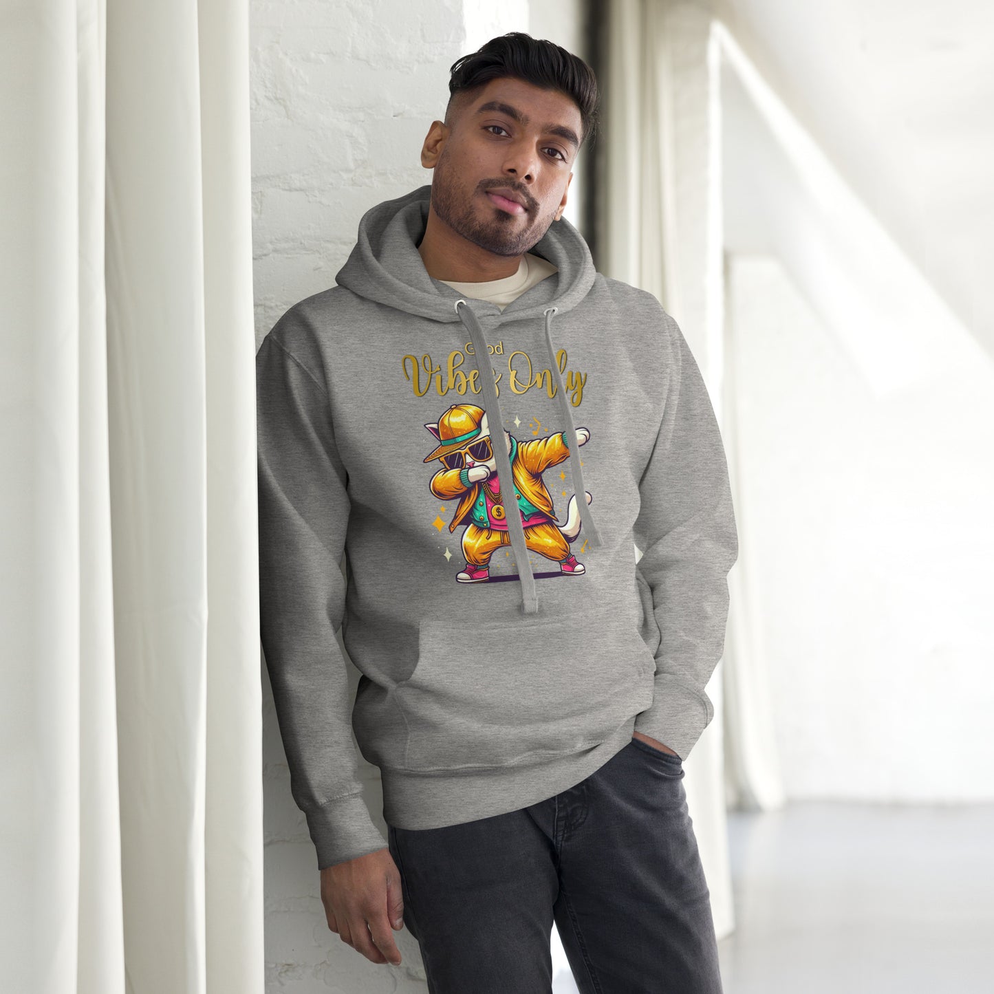 Unisex Good Vibes Cat Hoodie featuring a dabbing cat in hip-hop streetwear – premium graphic hoodie by Hipyfi Clothes & Design. carbon-grey-front