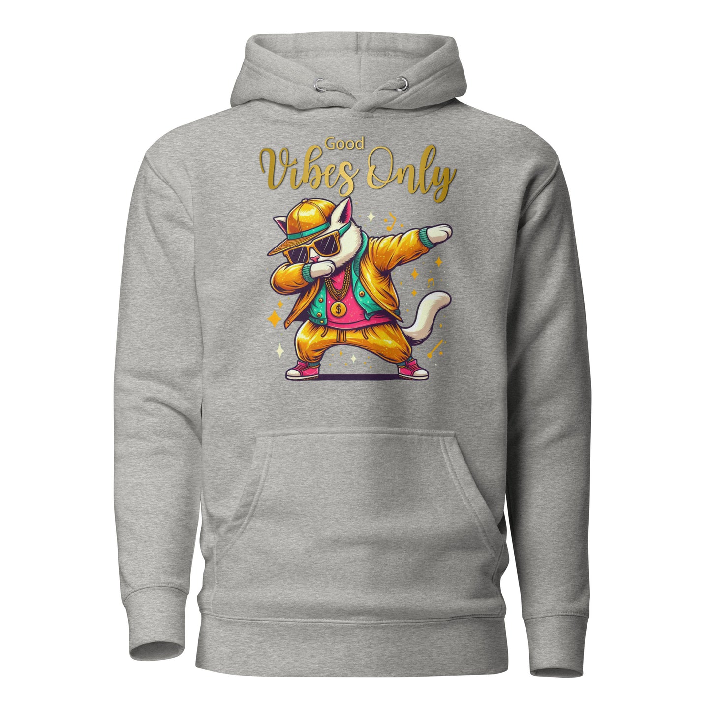 Unisex Good Vibes Cat Hoodie featuring a dabbing cat in hip-hop streetwear – premium graphic hoodie by Hipyfi Clothes & Design. carbon-grey-front-2