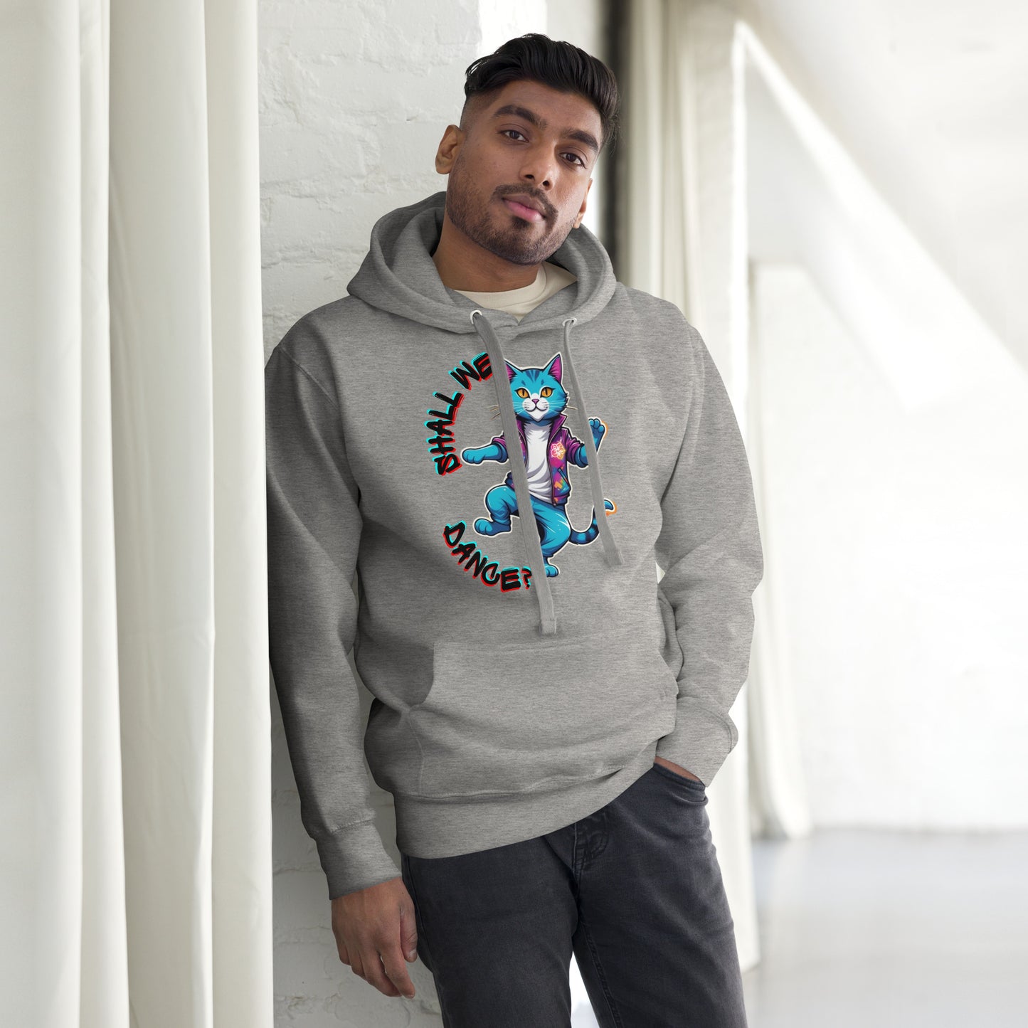 Hipyfi Unisex Premium Hoodie with Vibrant Dance Cat Graphic - Streetwear Style, Soft Cotton Blend, Front Pouch Pocket and Cozy Hood. carbon-grey-front