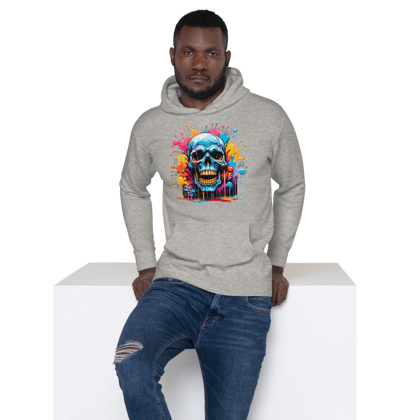 Blue Skull Splash Unisex Streetwear Hoodie by Hipyfi – Digital Art and Graffiti Style. carbon-grey-front