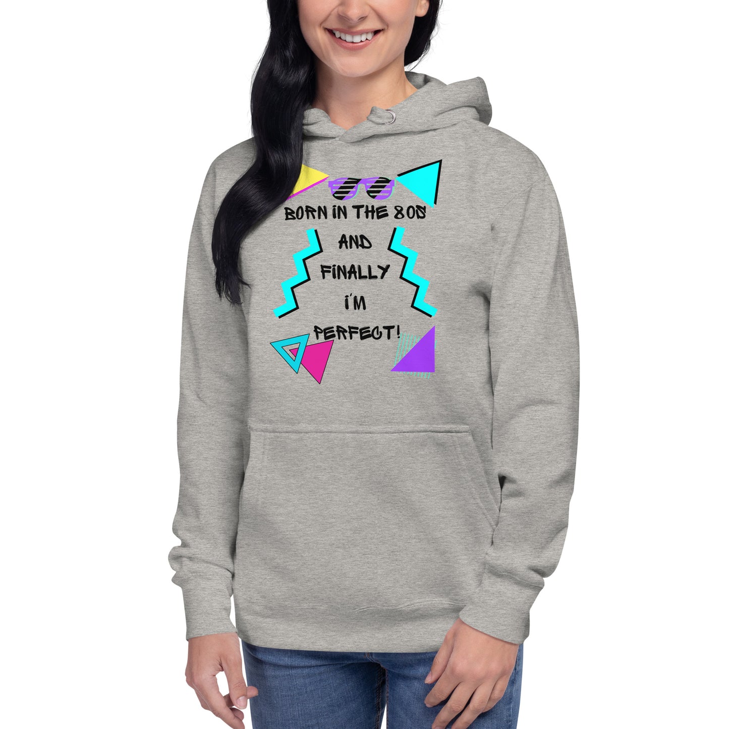 Hipyfi Premium 80s Neon Graphic Hoodie – Unisex Retro Pop Culture Design, Vibrant 80s-inspired geometric graphics. carbon-grey-front