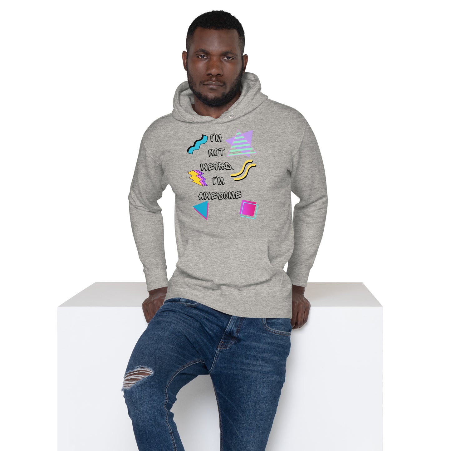 Unisex 80s Retro Hoodie with bold graphic design and 'I'm Not Weird, I'm Awesome' quote – Hipyfi Clothes & Design. carbon-grey-front