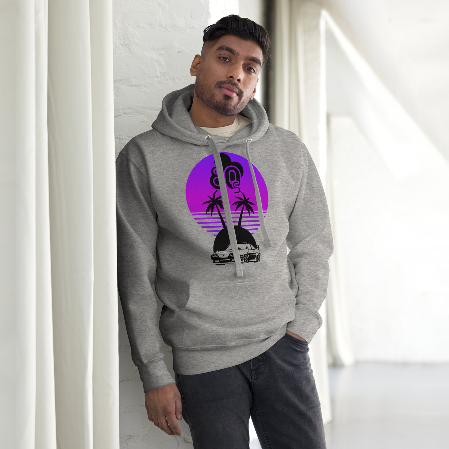 Vaporwave Sunset Unisex Hoodie with retro 80s synthwave design by Hipyfi Clothes & Design. carbon-grey-front