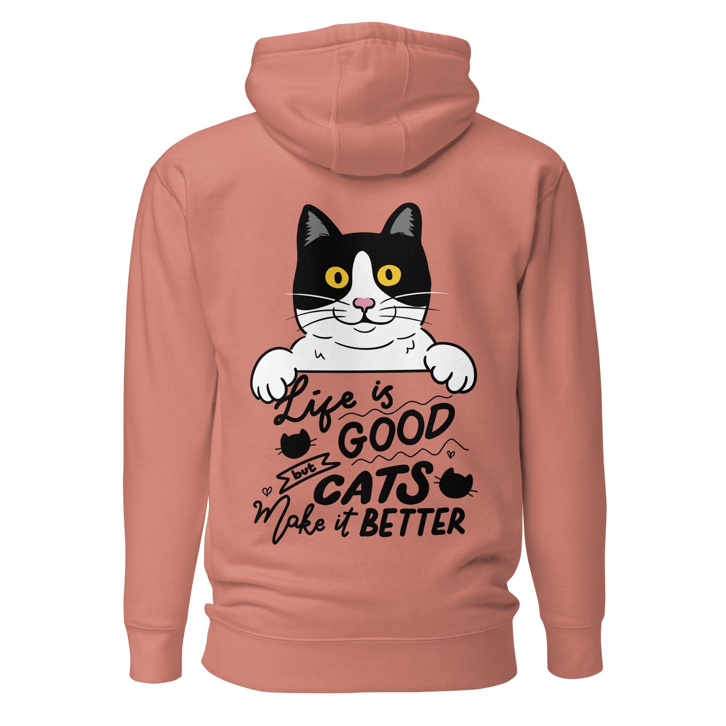 Unisex premium cat hoodie with cartoon black-and-white cat and “Life is Better With Cats” quote – Hipyfi Clothes & Design. dusty-rose-back-2
