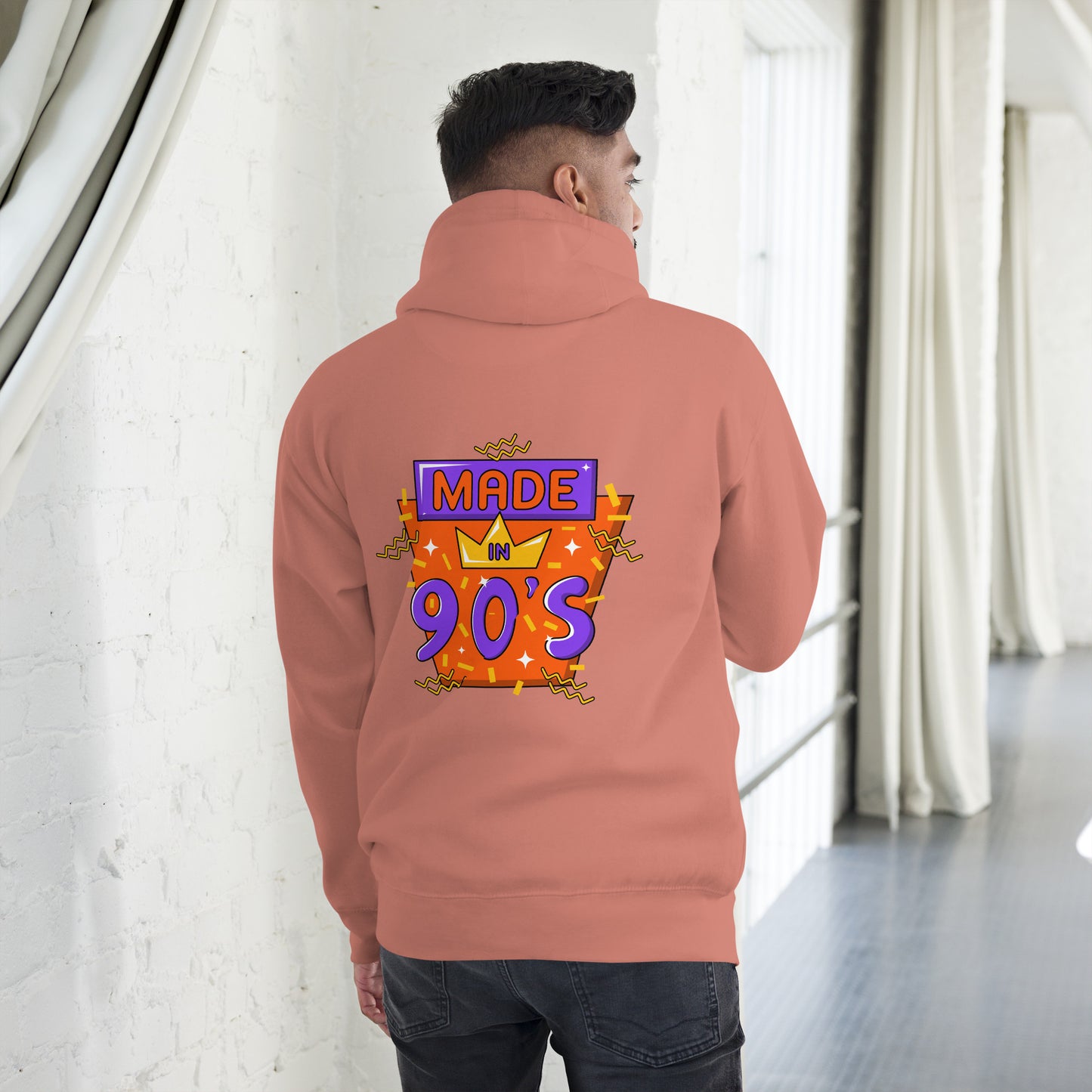 Back to 90s retro unisex graphic hoodie with colorful vintage design – Hipyfi Clothes & Design. dusty-rose-back