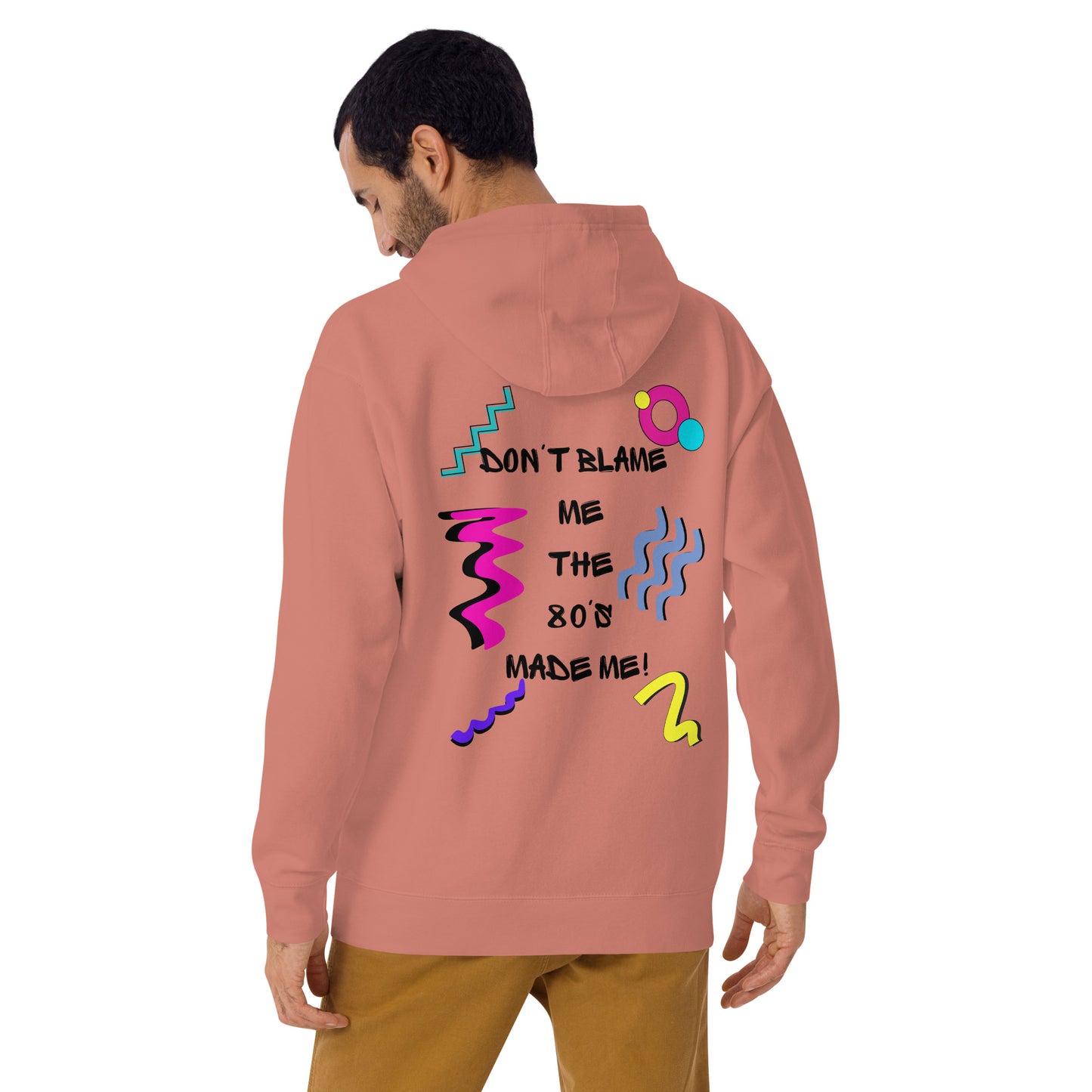 Unisex 80s graphic hoodie with retro slogan – Made in the 80s Vibes by Hipyfi Clothes & Design. dusty-rose-back