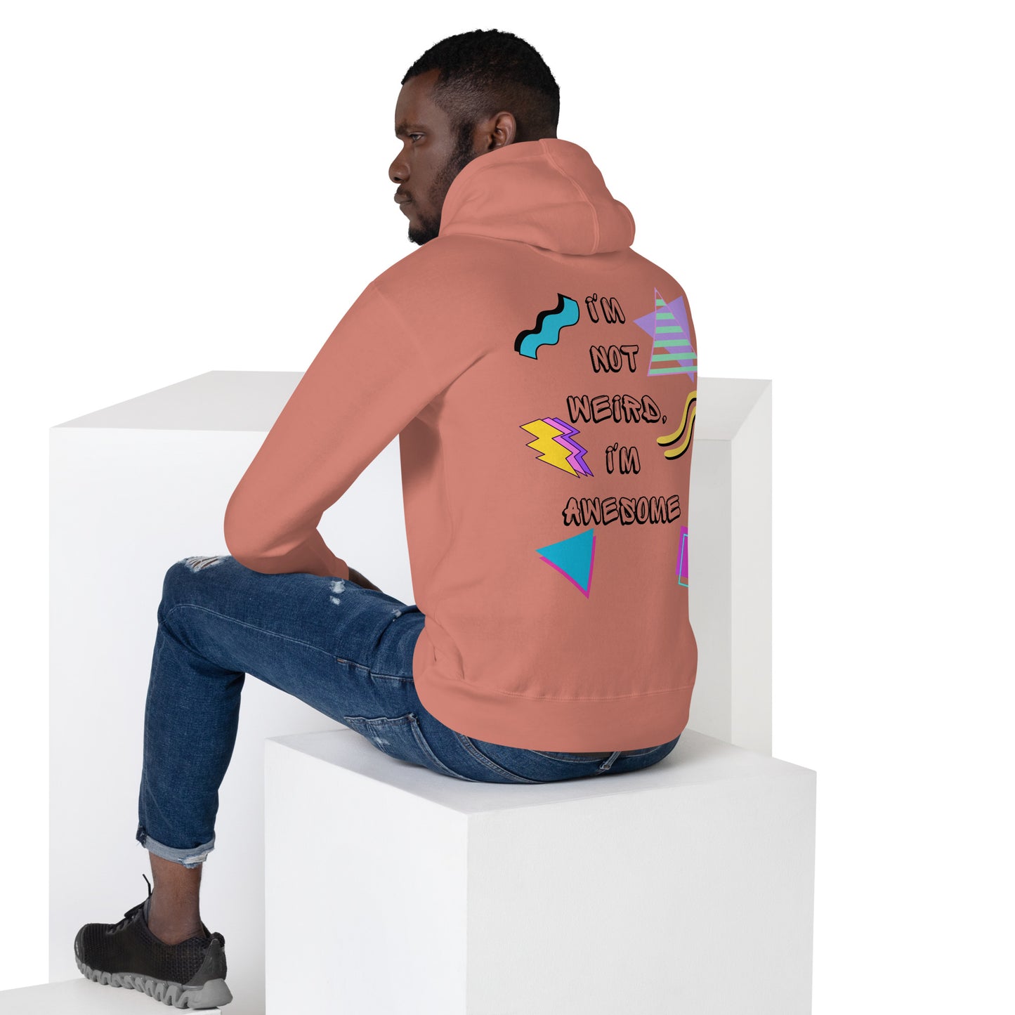 Unisex retro graphic hoodie with 80s abstract design and 'I'm not weird I'm awesome' slogan – Hipyfi Clothes & Design. dusty-rose-back