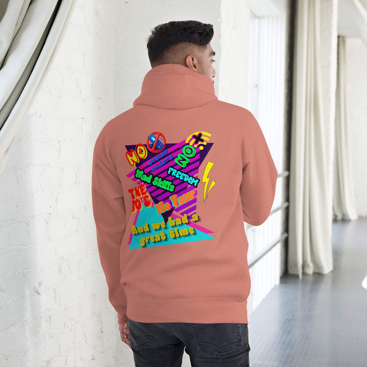 Unisex retro 80s graffiti hoodie with neon colors and streetwear design by Hipyfi Clothes & Design dusty-rose-back